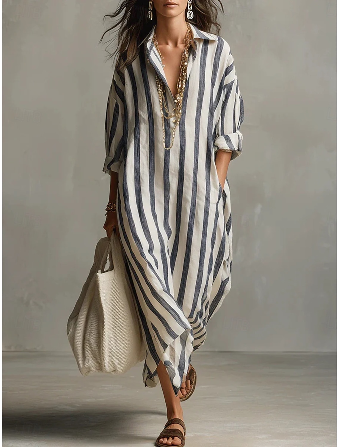 Women's Maxi long Dress Linen-feel Dresses Shirt Dress Casual Dress Faux Linen Dress Fashion Modern Daily Vacation Going out Loose Fit Striped Long Sleeve V Neck Blue Black Pink Red Spring Fall