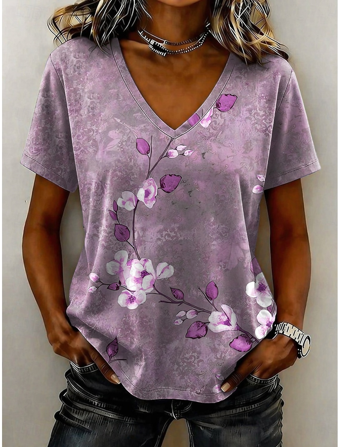 Women's T Shirt Print Floral Graphic Stylish Classic Casual Short Sleeve V Neck Regular Tops Casual Daily Blue Pink Purple Green Summer Spring
