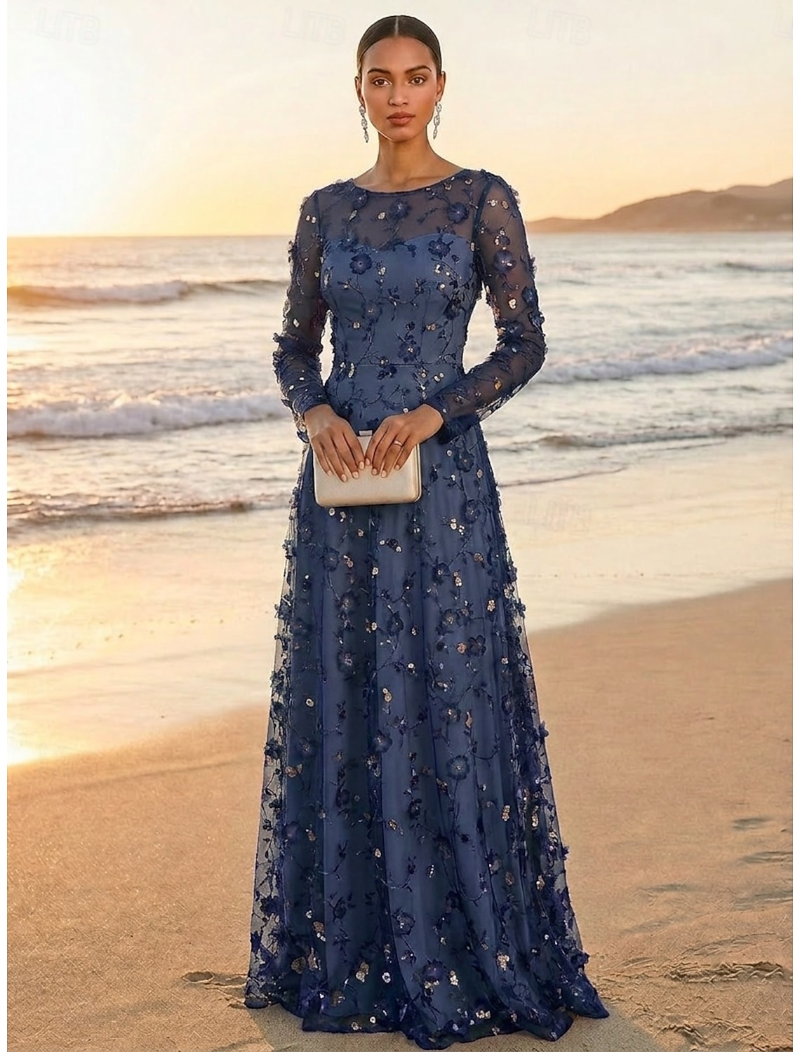 A-Line Dress Floor Length Party Dress Cocktail Dress Mother of the Bride Dress Long Sleeve Crew Neck Elegant Vintage Luxurious Formal Wedding Guest Engagement Party Lace Tulle with 3D Flowers Pleats