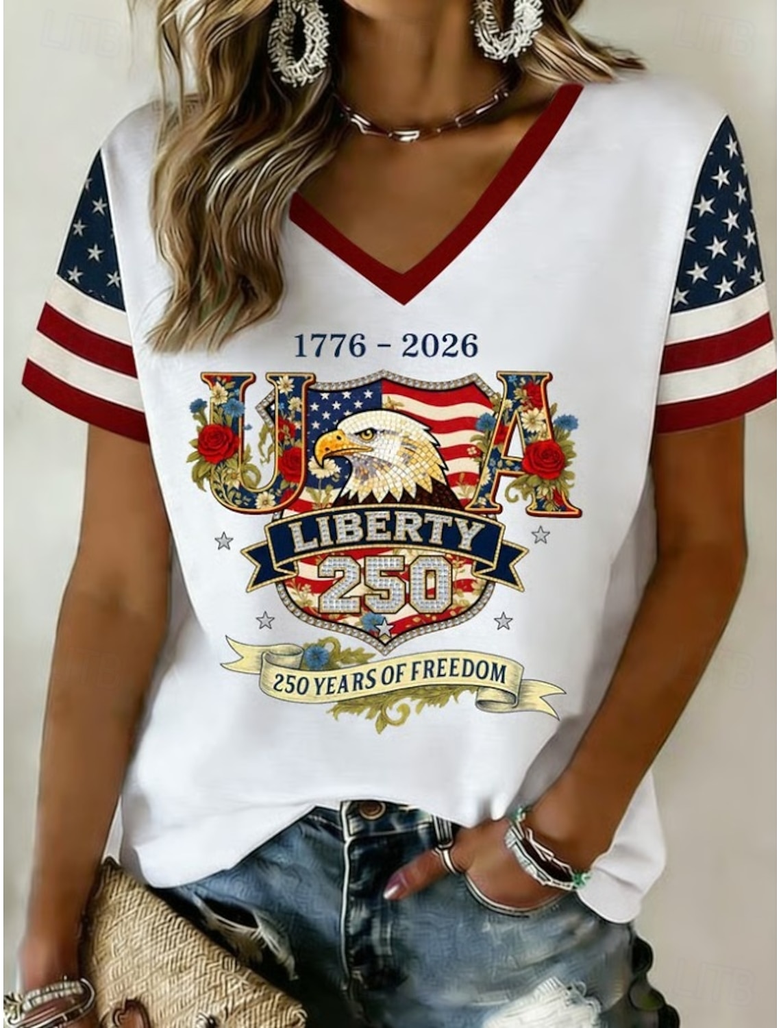 Independence Day American Anniversary Patriotic Women's T Shirt Print Graphic Flag Vintage Stylish Classic Short Sleeve V Neck Regular Tops Daily Blue Black White Red Summer Spring