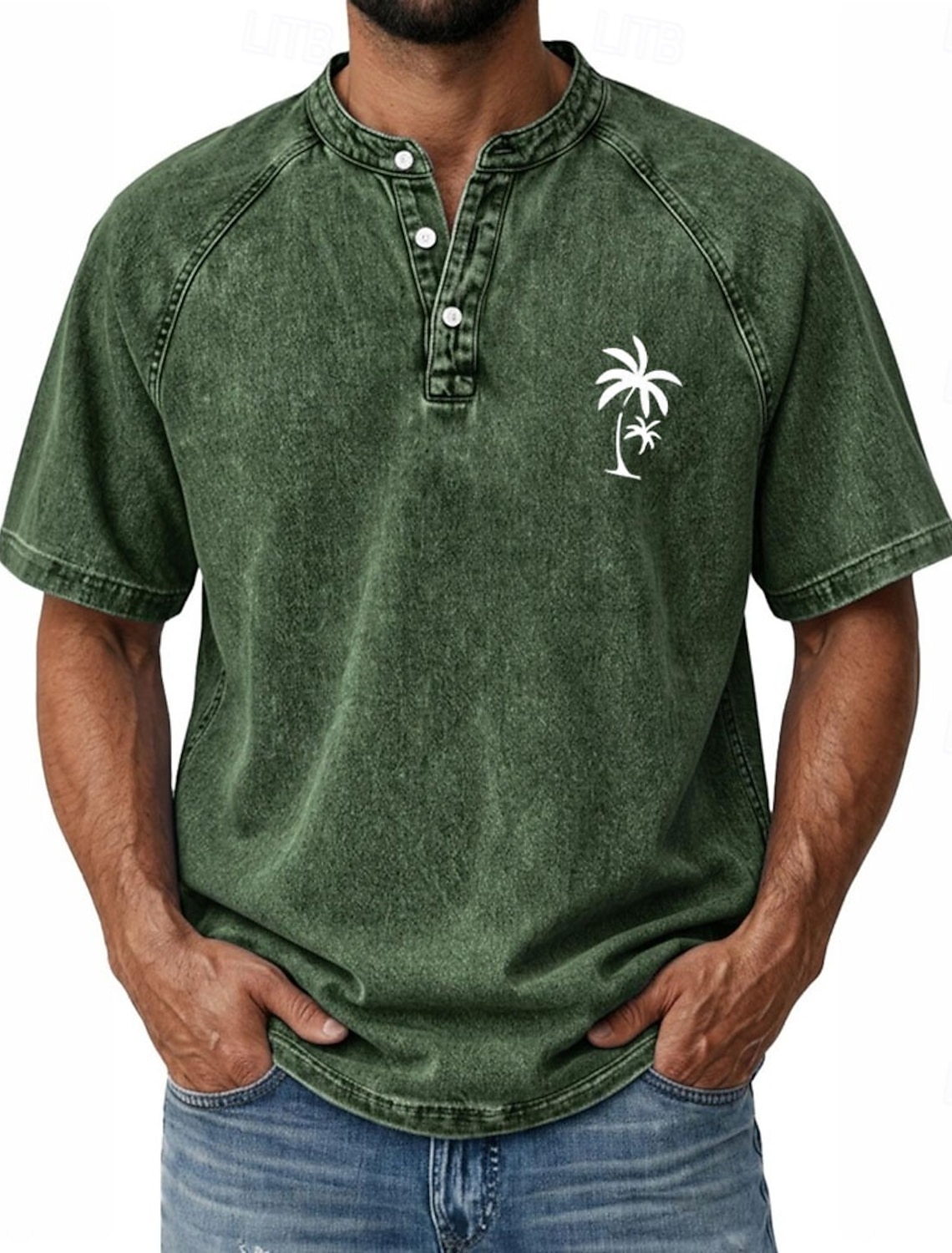 SoftFade™ Men's Coconut Tree T Shirt Demin Shirt 100% Cotton Acid Wash Shirt Short Sleeve Vintage Streetwear Casual Home Street Summer Spring Black Light Green Light Blue Stand