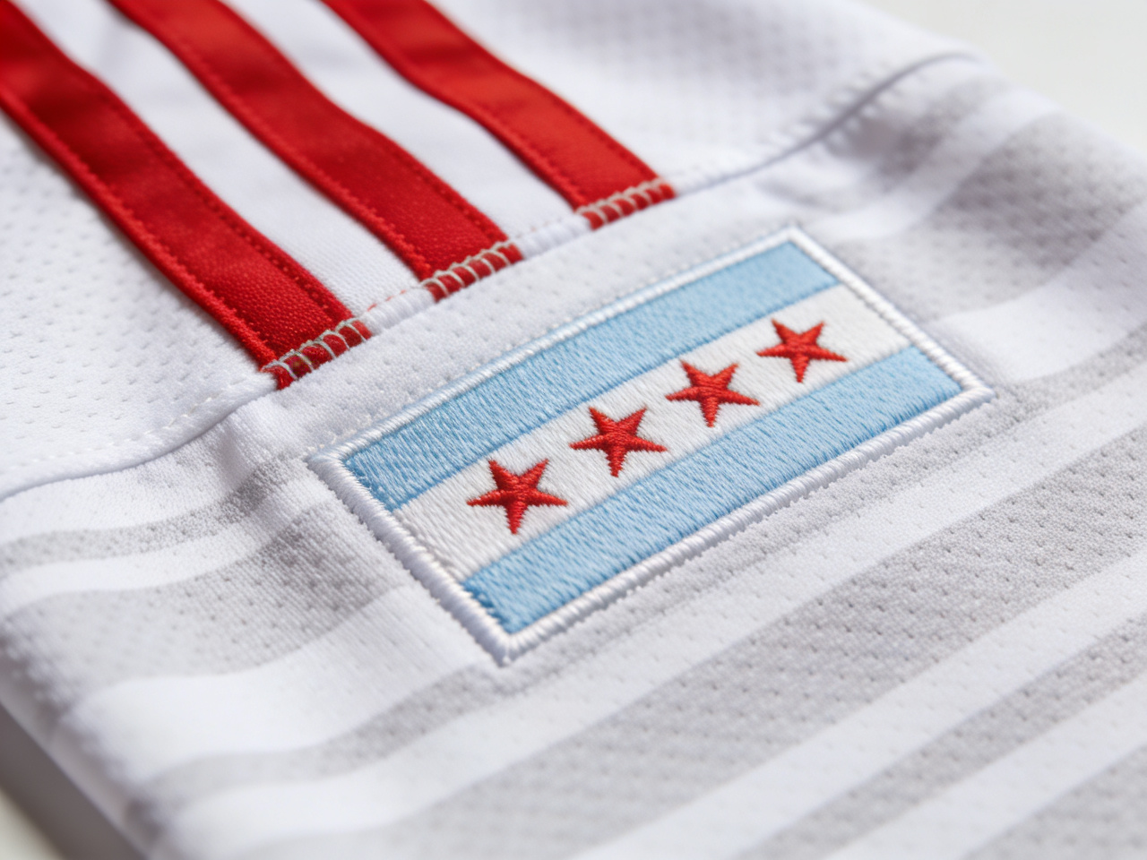 Detail shot highlighting the classic red and white stripes and Chicago city flag elements on the reborn Chicago Fire FC home jersey.