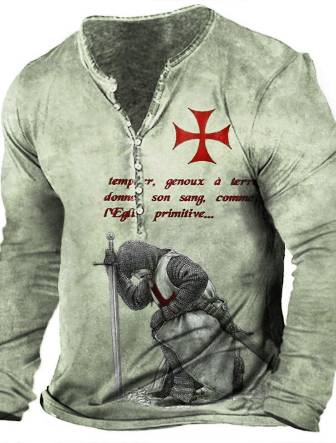Men's T shirt Tee Henley Graphic Templar Cross Soldier Light Green Red