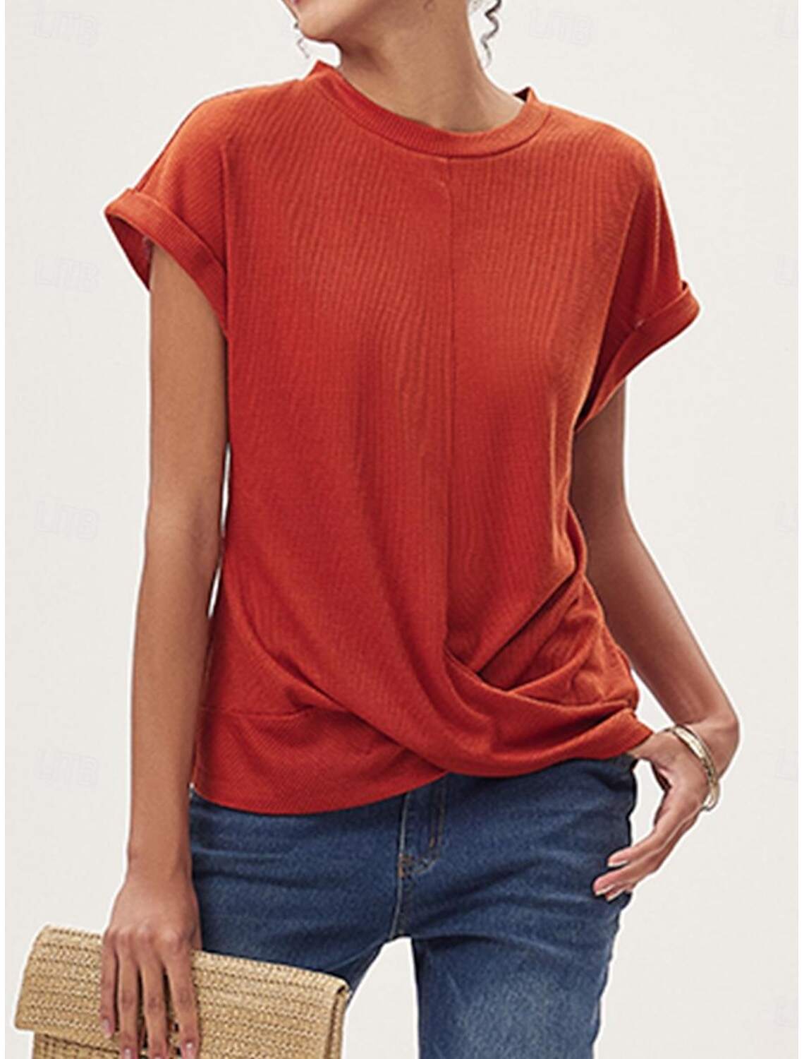 Women's Knitted Top V-neck Short Sleeve Elastic Soft Burnt Casual Loose Fit Versatile Spring Fall Clothing Apparel