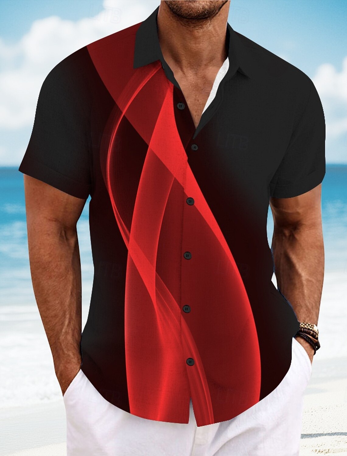 Men's Geometric Gradient Color Line Shirt Summer Button Up Short