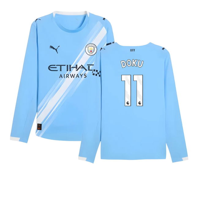 2025-2026 Man City Authentic Long Sleeve Home Shirt (Doku 11) (Limi...