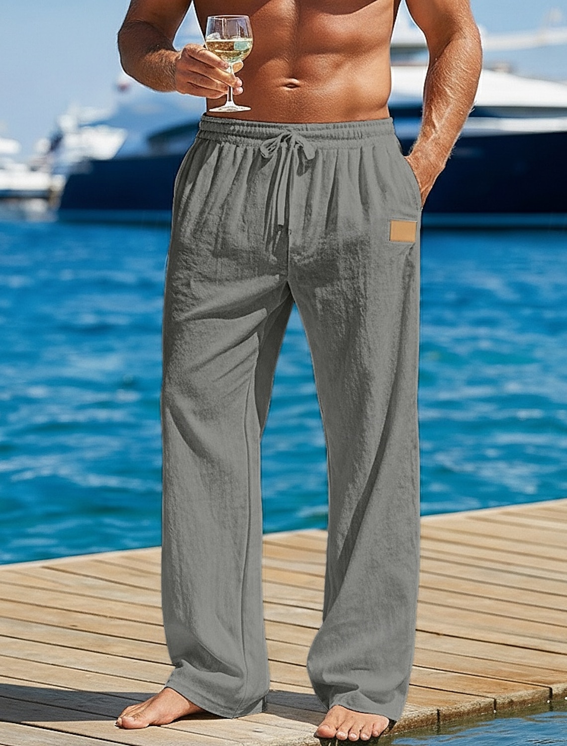Men's Linen Pants Trousers Summer Pants Baggy Pants Beach Pants Drawstring Elastic Waist Straight Leg Solid Color Plain Comfort Comfortable Full Length Outdoor Beach Holiday Vacation Fashion Black