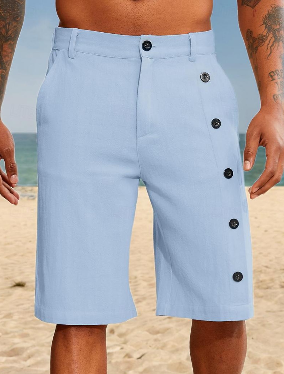 Men's Shorts Linen Summer Pocket Side Button Straight Leg Solid Color