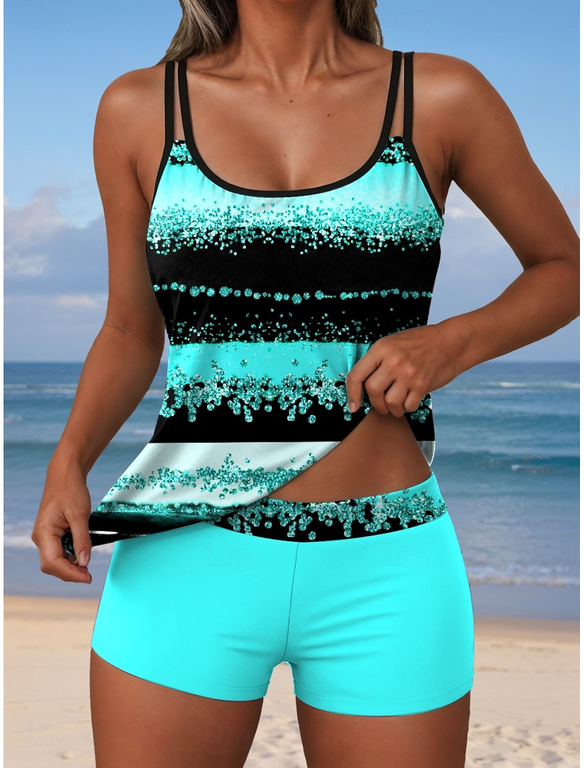 Women's Tankini 2 Piece Swimsuit Shorts Backless Vacation Beach Wear Graphic Geometric U Neck Sleeveless Bathing Suits