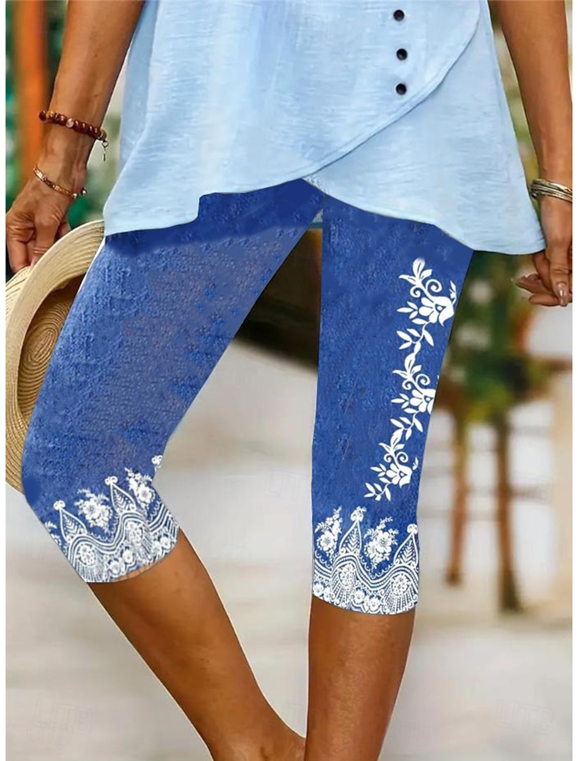 Women's Leggings Capri Pants High Elasticity Fashion Streetwear Full Length Mid Waist Floral Printing Thermal Warm Breathable Soft Outdoor Daily Beach Buff Black Blue Sky Blue Summer Spring