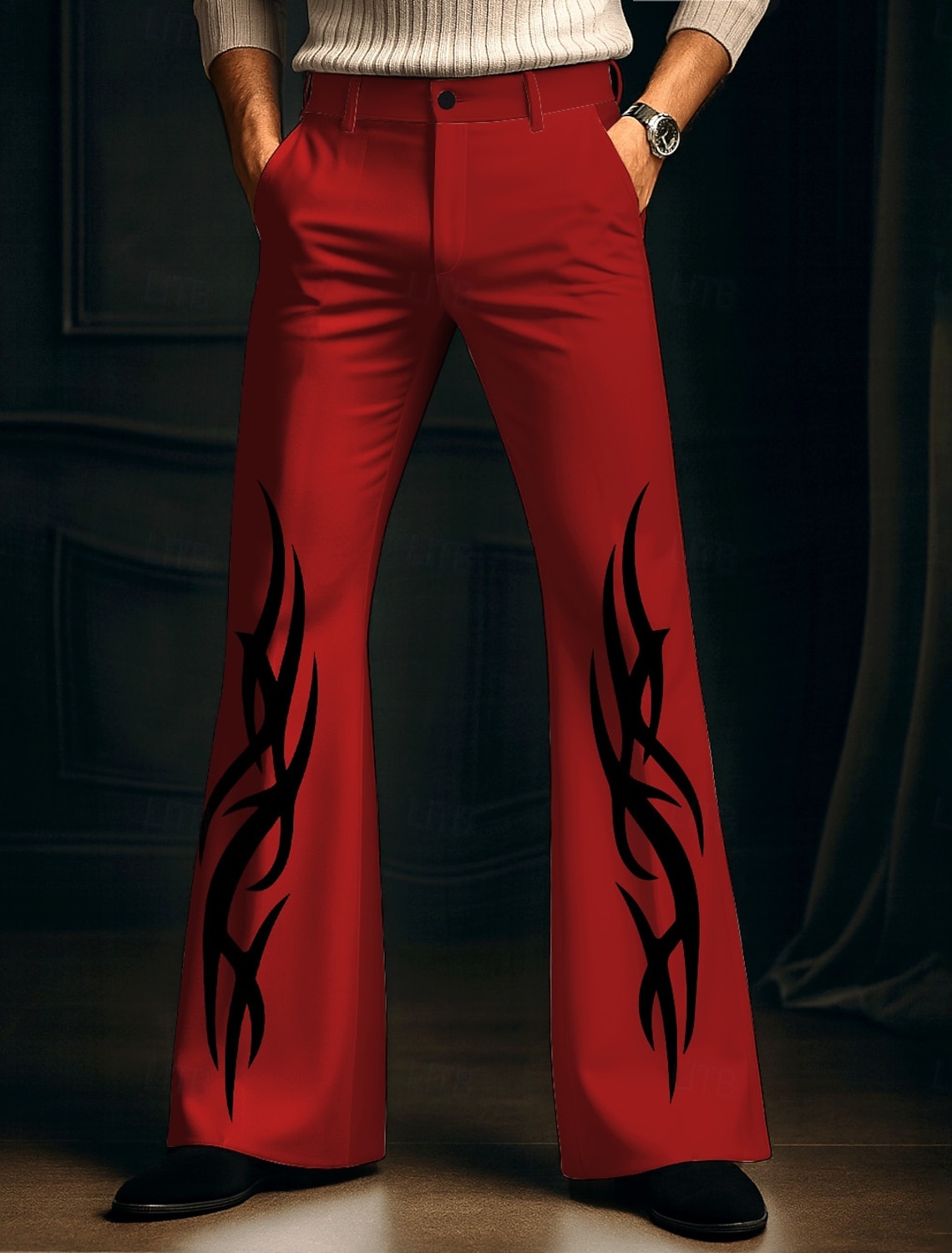 Men's Flame Disco Pants 60s 70s Bell Bottoms Mid Waist Vintage Retro Outdoor Party Casual Side Pockets Flared Leg Pants Trousers Spring Fall 3D Print Black White Red