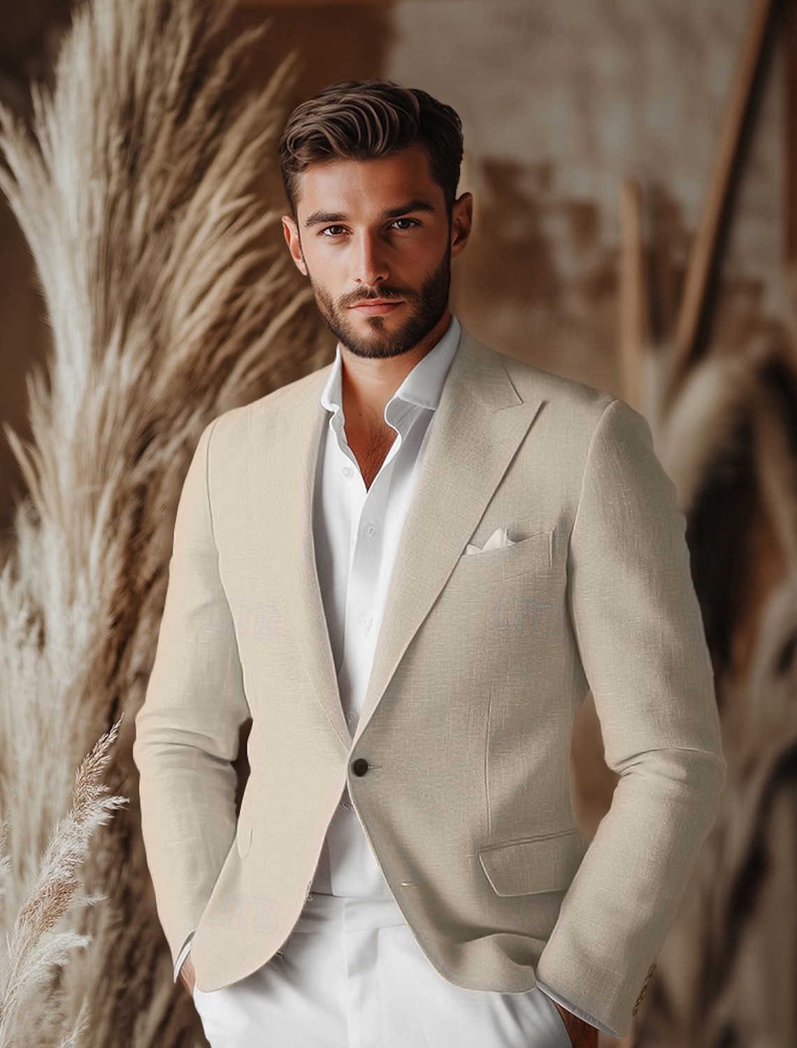 Men's Linen Blazer Sport Coat Notch Collar Fashion Casual Solid Colored Yellow Orange Beige Standard Fit Single Breasted One-button