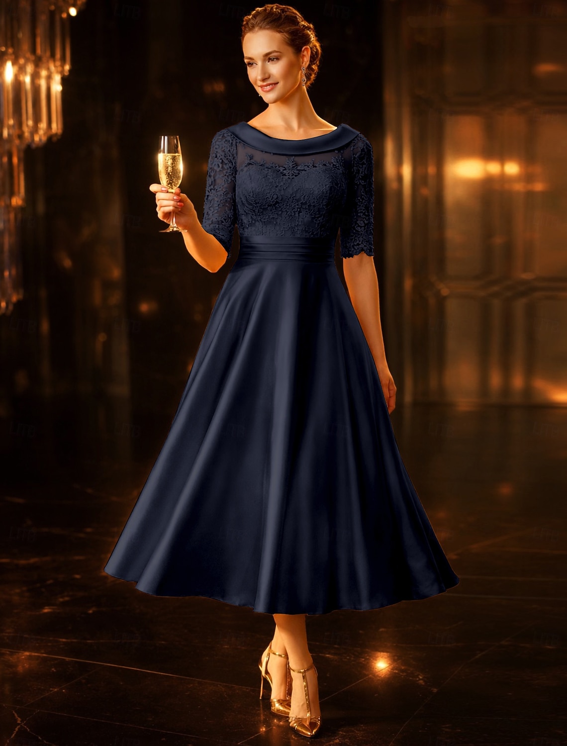 A-Line Tea Length Party Dress Cocktail Dress Wedding Guest Dress Mother of the Bride Dress Half Sleeve Scoop Neck Elegant Vintage Wedding Guest Satin Lace with Ruched Appliques