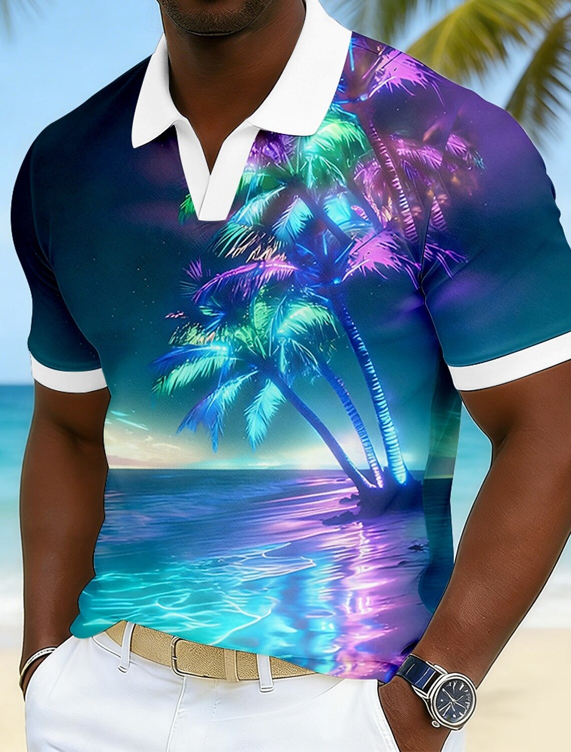 Men's Ombre Palm Tree Hawaiian Polo Shirts Short Sleeve Polo Shirts V Neck Casual Resort Athleisure Daily Wear Vacation Wear 3D Print Spring & Summer Blue Pink Purple