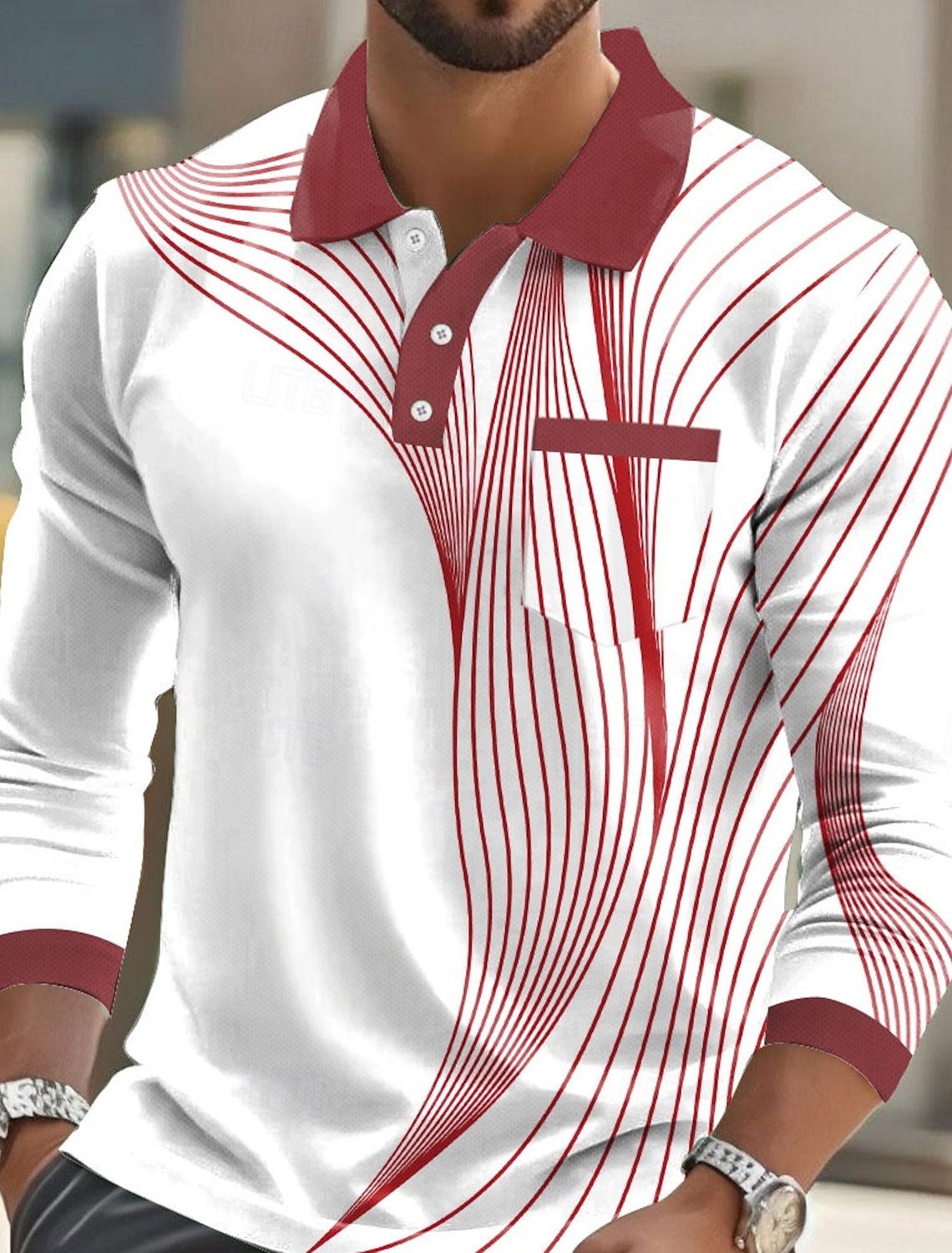 Men's Geometric Polo Long Sleeve Shirts Collared Business Casual