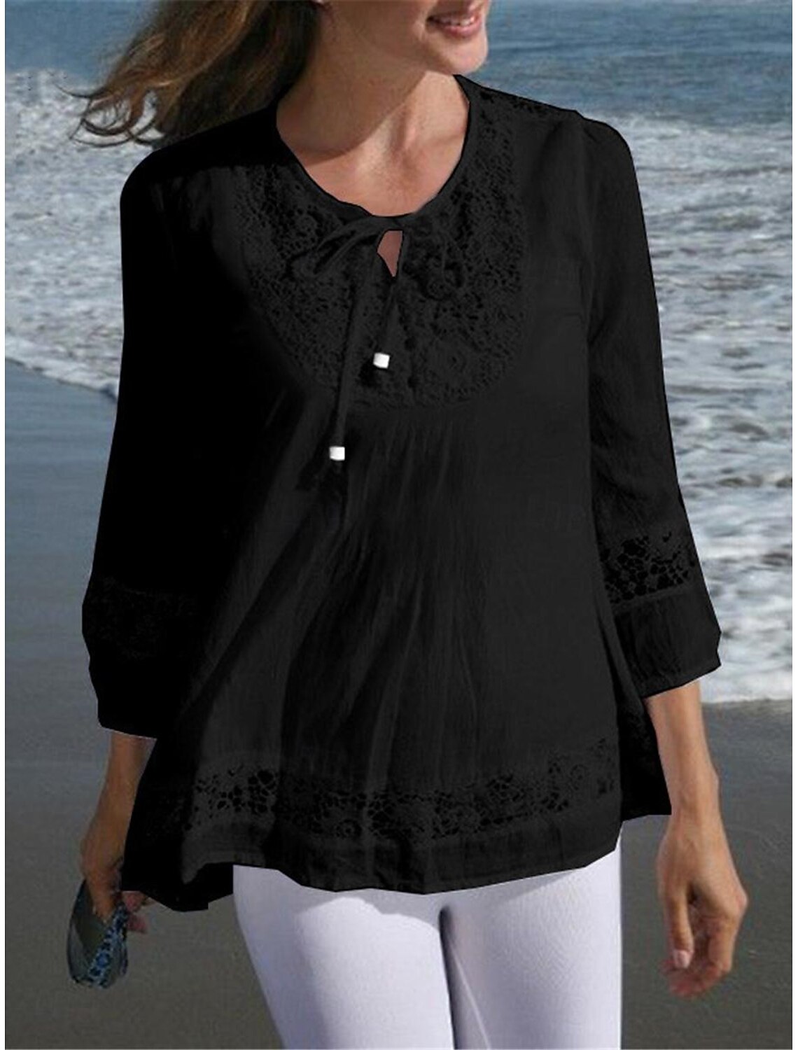 Women's Shirt Cotton Blend Lace Shirt Blouse Lace Patchwork Plain Basic Modern 3/4 Length Sleeve Crew Neck Regular Tops Casual Black White Wine Navy Blue Summer Spring