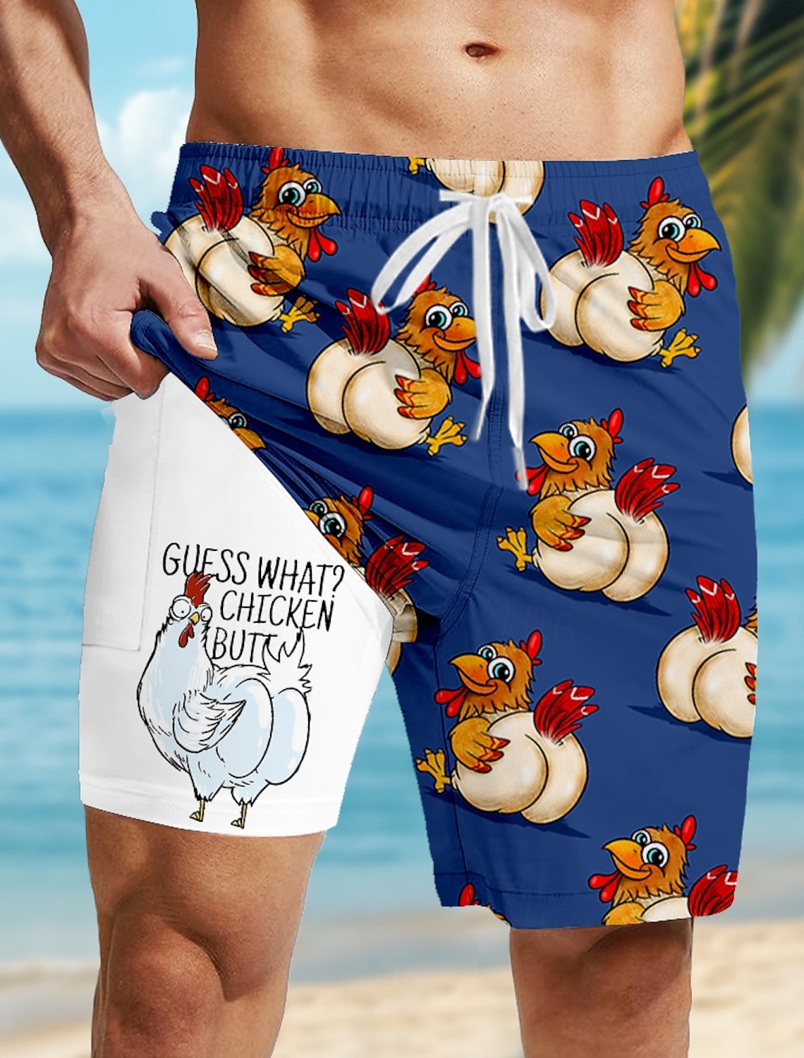 Men's Flamingo Bird Lined Shorts Swim Board Mid Waist Hawaiian