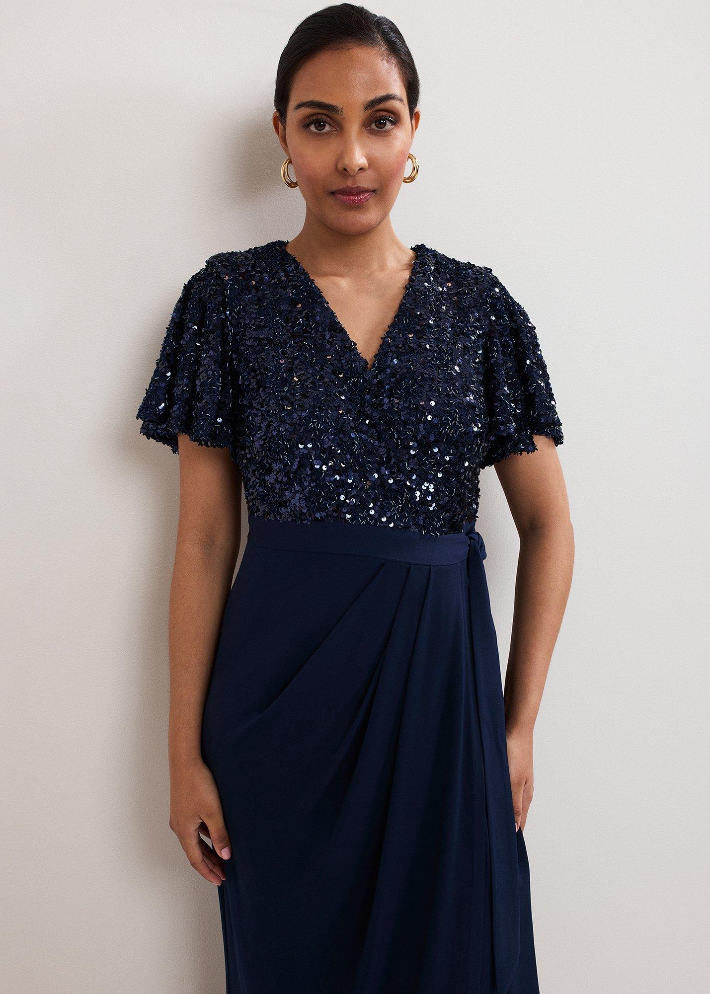 Petite Janessa Navy Sequin Wrap Maxi Dress