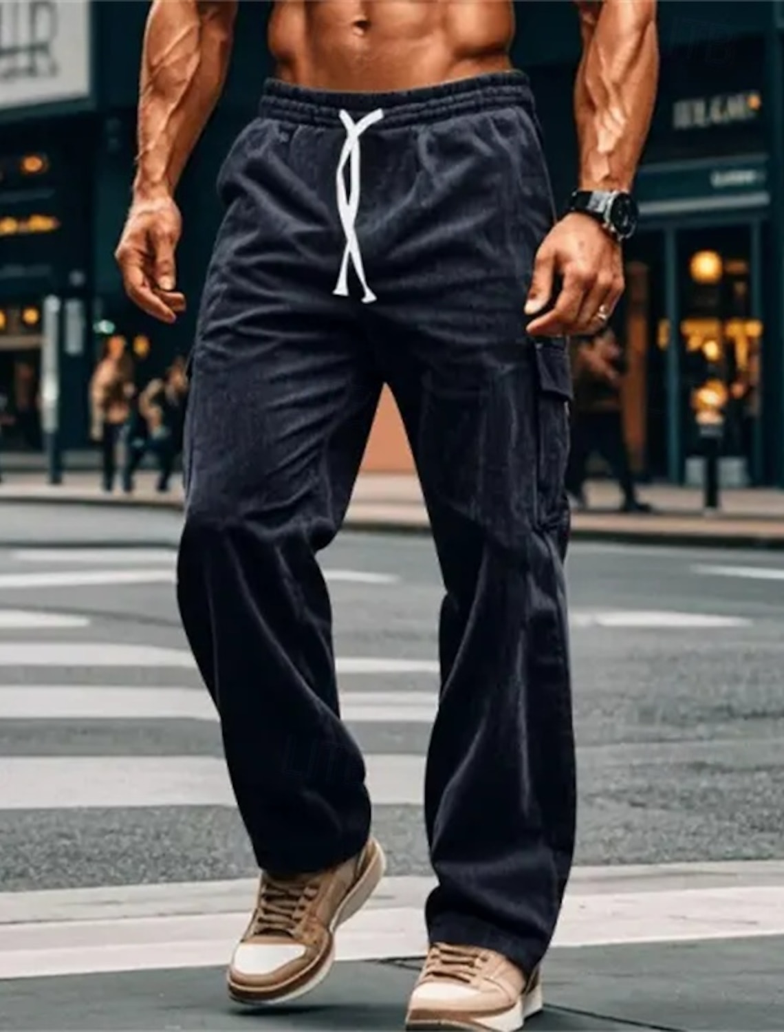 Men's Cargo Pants Corduroy Trousers Baggy Casual Drawstring Elastic