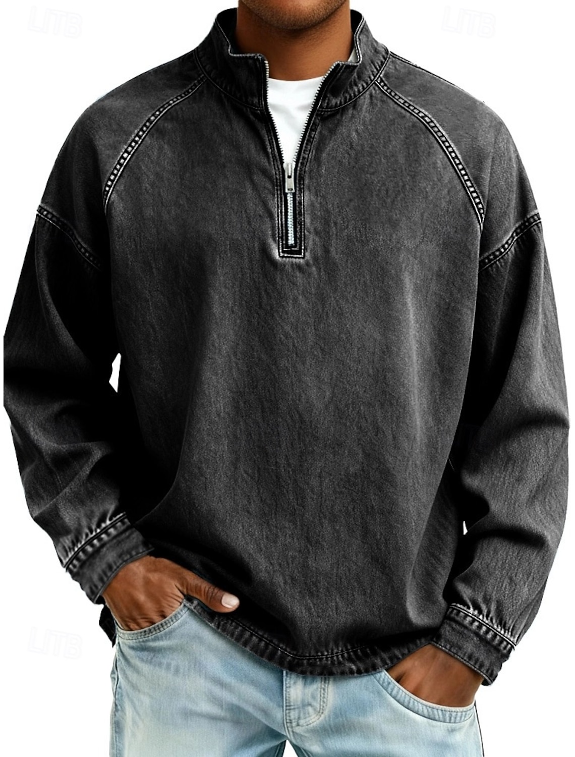 SoftFade™ Men's 100% Cotton Acid Wash Shirt Tee Top Long Sleeve Stand Collar Spring Fall Plain Vintage Streetwear Casual Zip Up Basic Casual Home Street Black Pink Top Tee for Men