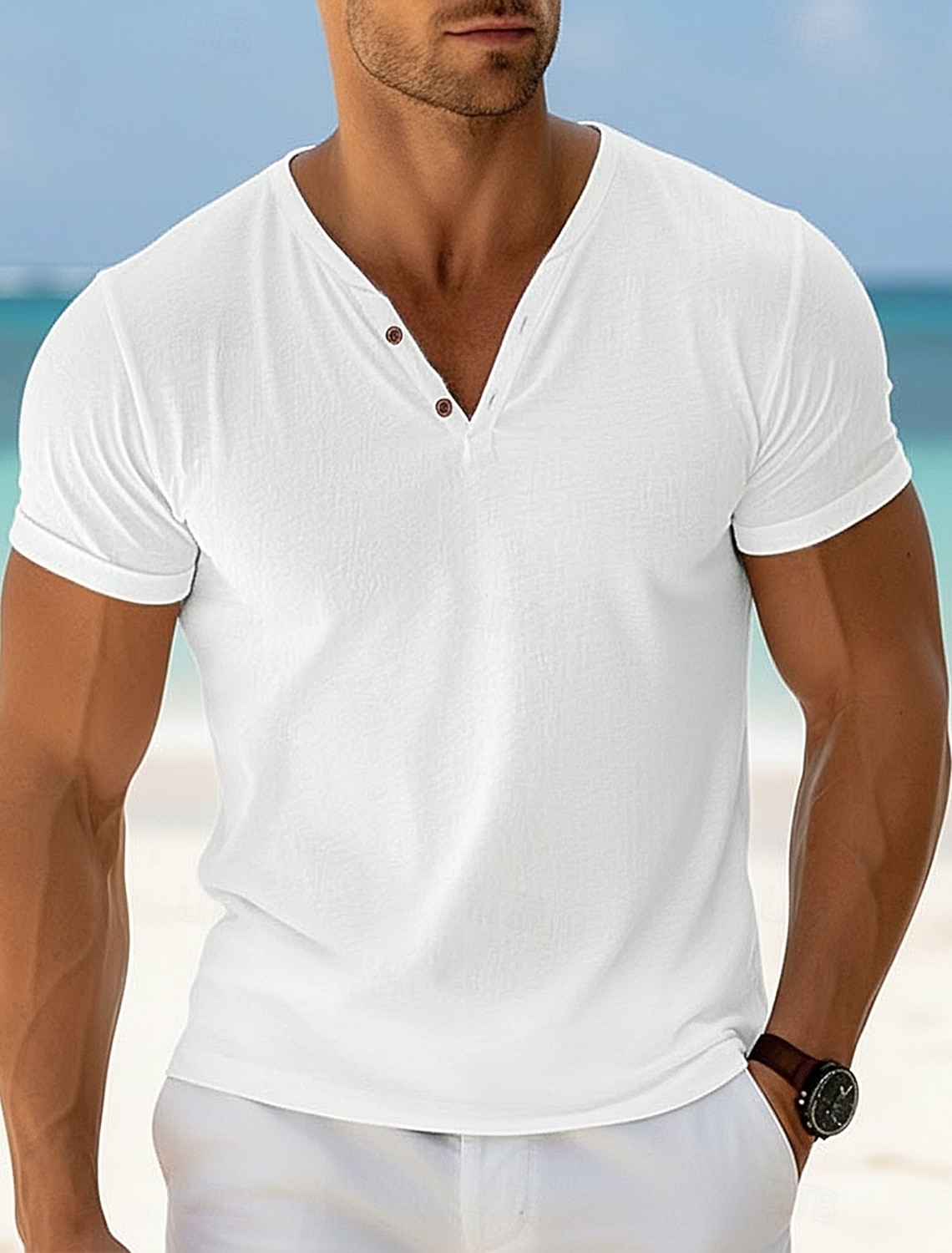 Men's Henley Shirt Tee Top Short Sleeve Short Sleeves V Neck Henley Summer Plain Fashion Designer Basic Plain Casual Vacation Street Light Blue White Navy Blue Top Tee for Men