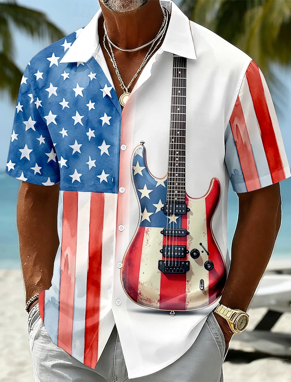 Men's 4th of July U.S. 250th Anniversary Guitar American Flag Shirt Summer Shirt Tropical Shirts Short Sleeve Patriotic Vacation Holiday Summer Spring Turndown 3D Print Button Up Shirts Blue Dark