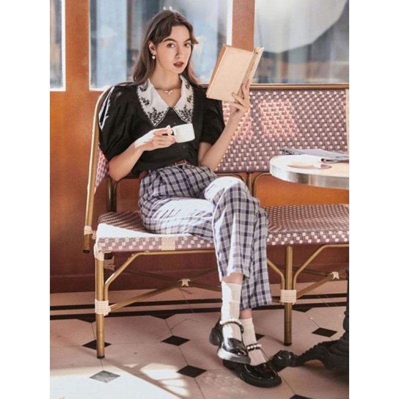 Retro Embroidered Flat Collar Puff Sleeve Blouse PO6893