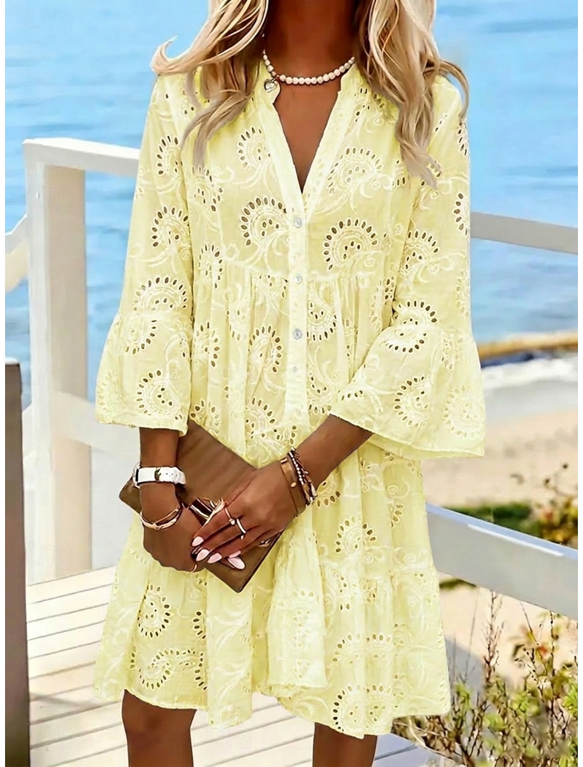 Women's Knee Length Dress White Dress Summer Dress Eyelet Dress Fashion Modern Beach Vacation Holiday Loose Fit Floral Long Sleeve Stand Collar White Yellow Pink Royal Blue Summer Spring