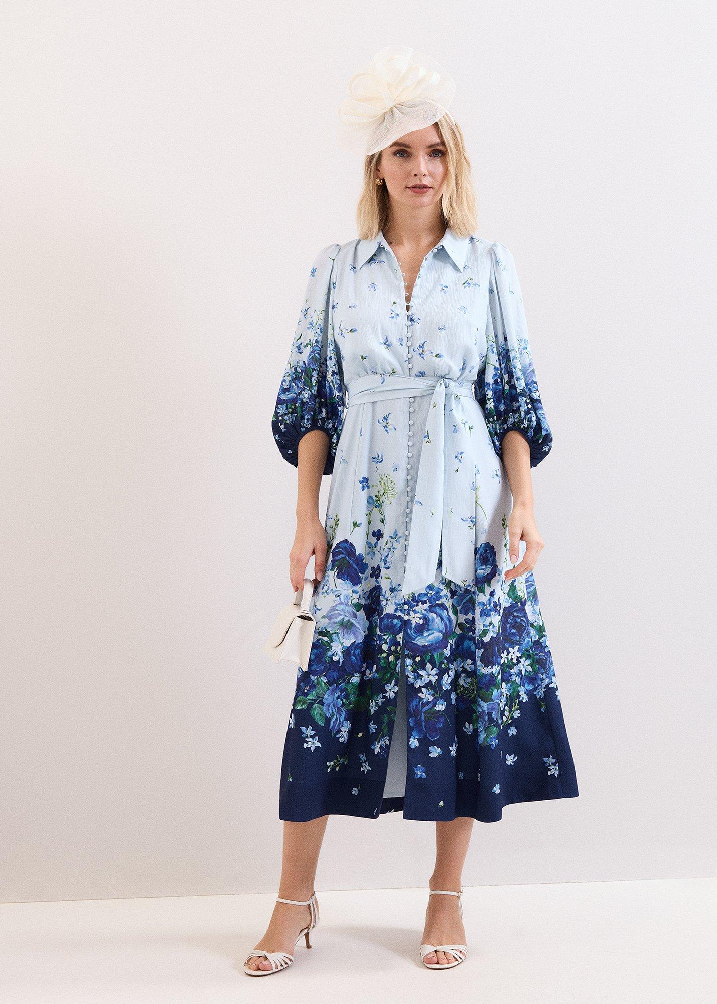 Petite Noella Blue Floral Shirt Midaxi Dress