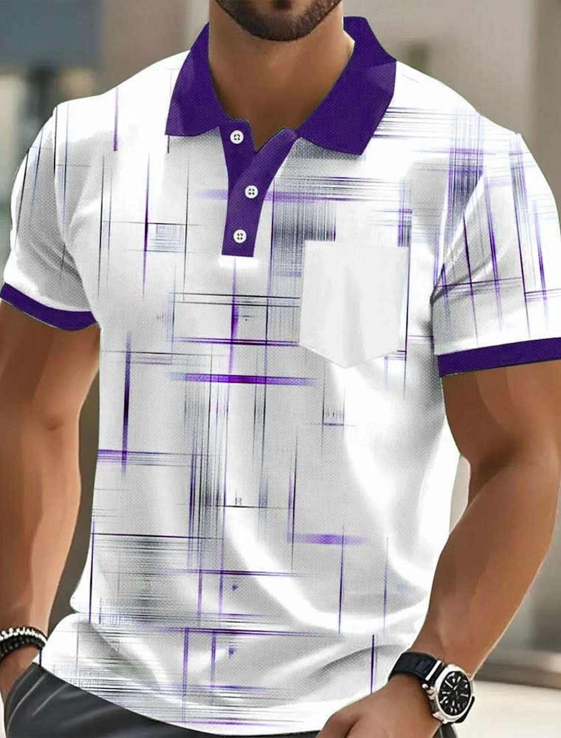 Men's Geometic Line Polo Short Sleeve Shirts Collared Business Casu #1