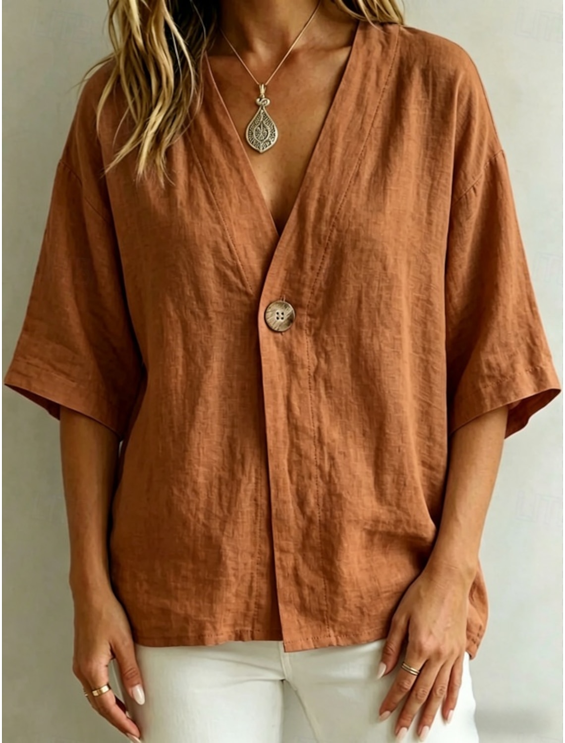 Women's Shirt Blouse Plain Bohemia Half Sleeve V Neck Regular Tops Blue White Pink Brown Green Summer Spring