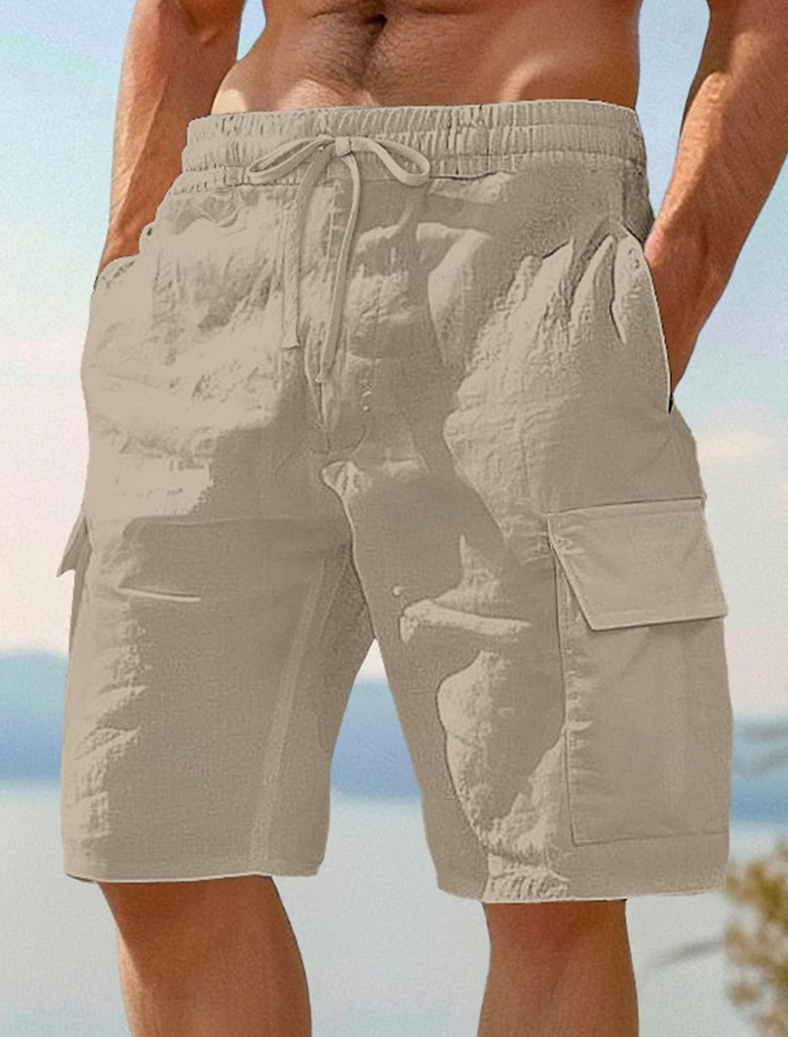 Men's Cargo Shorts Linen Summer Beach Drawstring Elastic Waist Mult #1