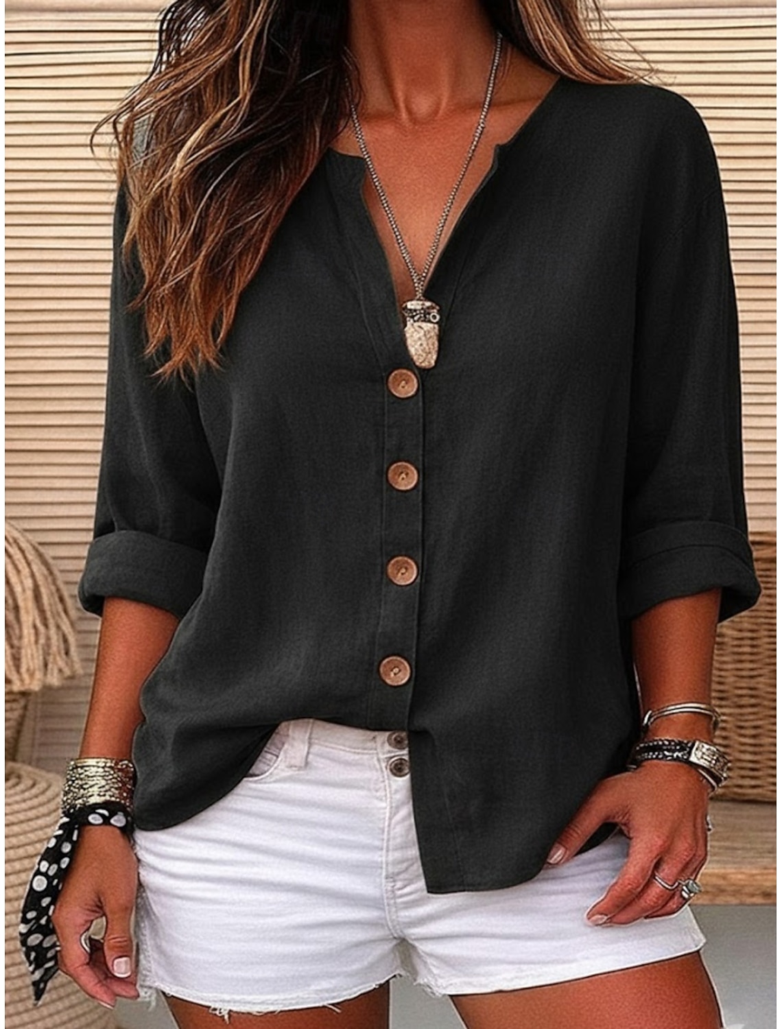 Women's Linen Shirts Blouse Buttons Solid Color Daily Casual 3/4 Length Sleeve V Neck Regular Tops Daily Black White Red Orange Green Summer Spring Fall