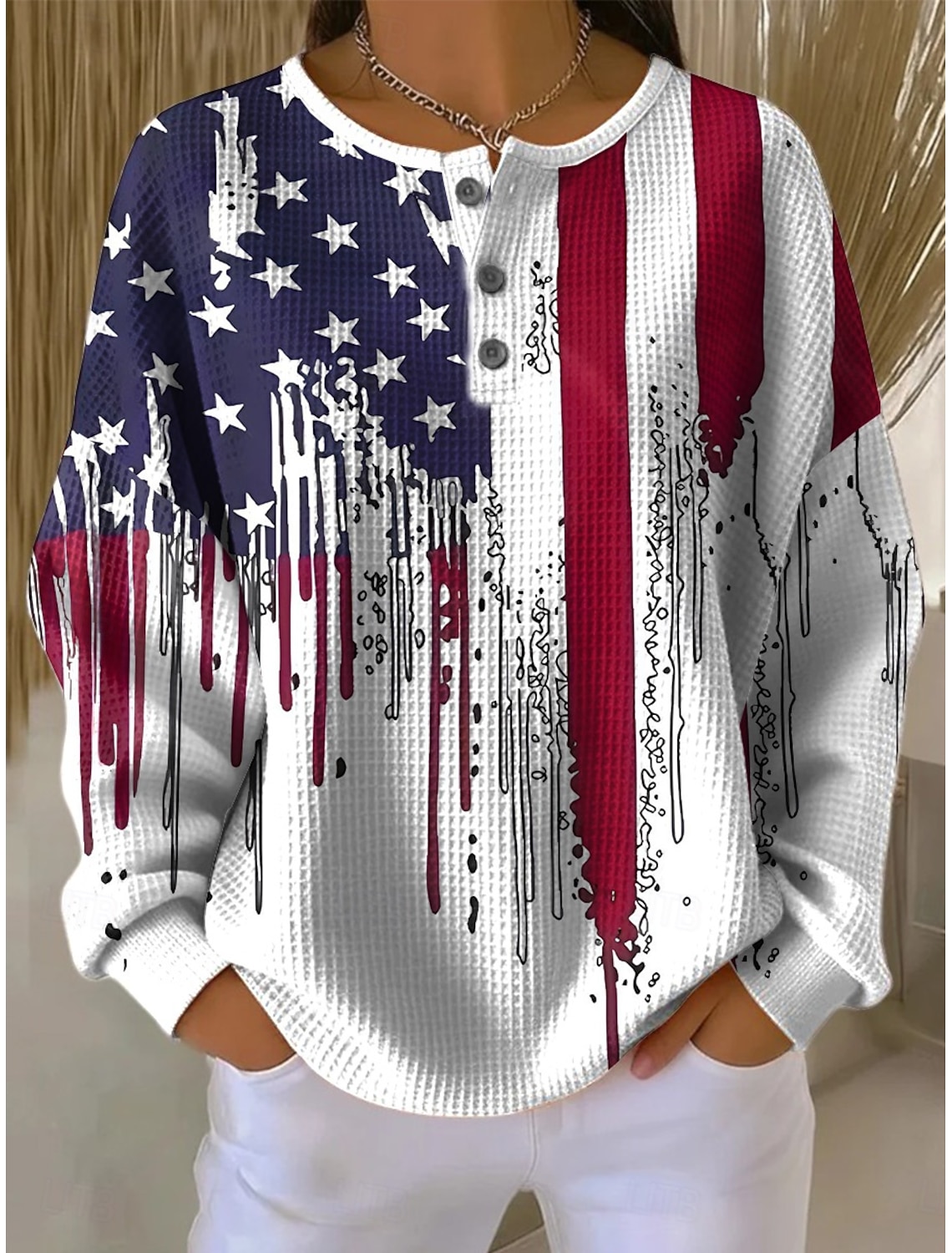 American Independence Day Women's Shirt Buttons Print Flag Stylish Modern Long Sleeve V Neck Regular Tops Daily Holiday Red Summer