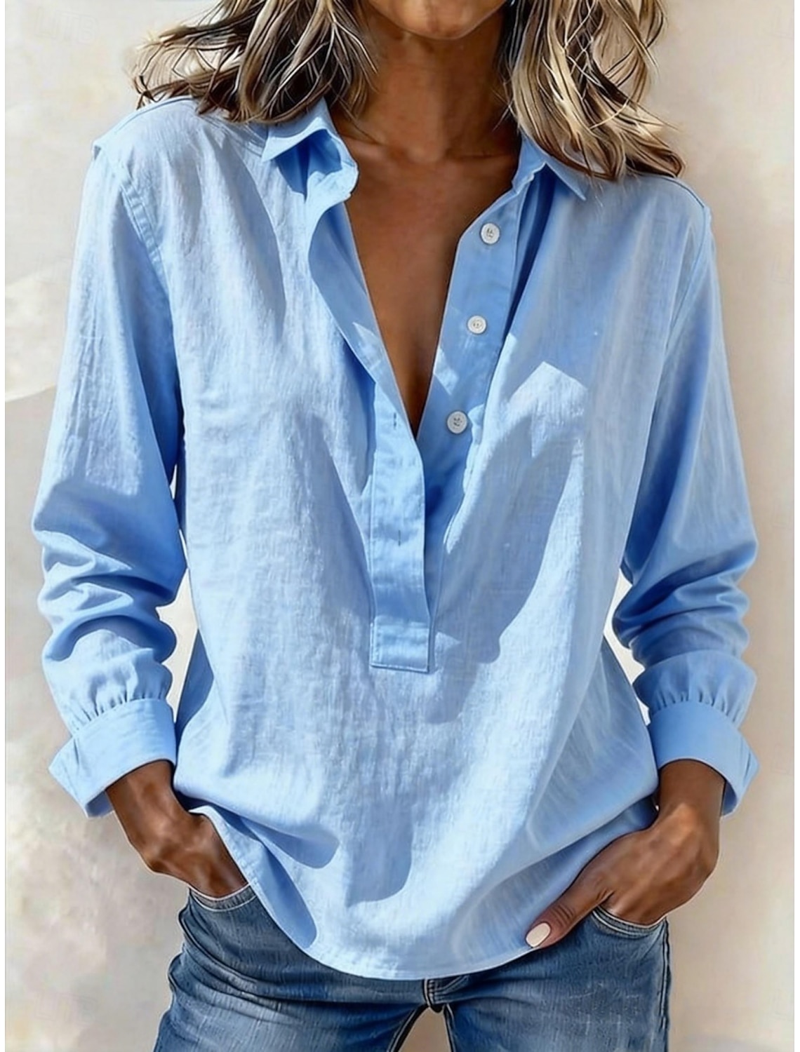 Women's Popover Shirt Summer Shirt Casual Shirt Blouse Buttons Solid Color Fashion Casual Long Sleeve Turndown Regular Tops Daily Beach Holiday Blue White Yellow Pink Green Spring Fall