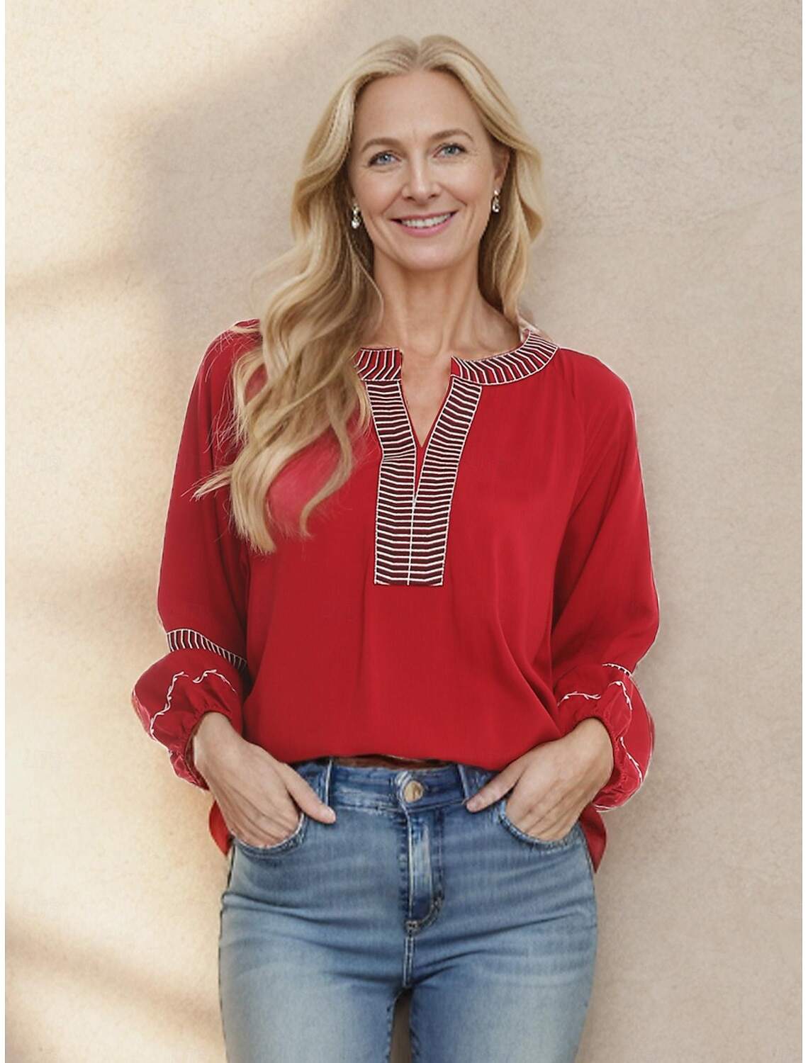 Women's Tunic Designer Shirt Rayon Bohemian Style Mature Color Block Striped Embroidered Long Sleeve Long Tops V Neck New Year Work Spring & Fall