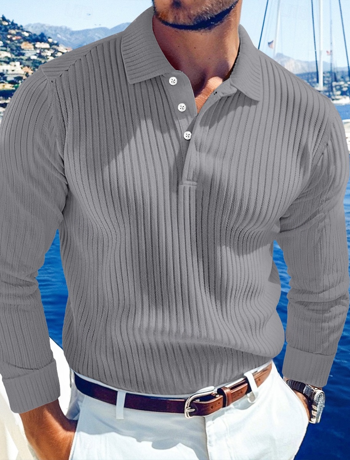 Men's Rib Knit Top Textured Casual Work Lapel Ribbed Polo Collar Short