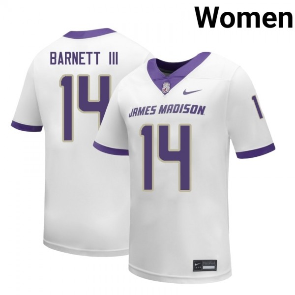Women James Madison Dukes #14 Alonza Barnett III White Stitch Jerseys