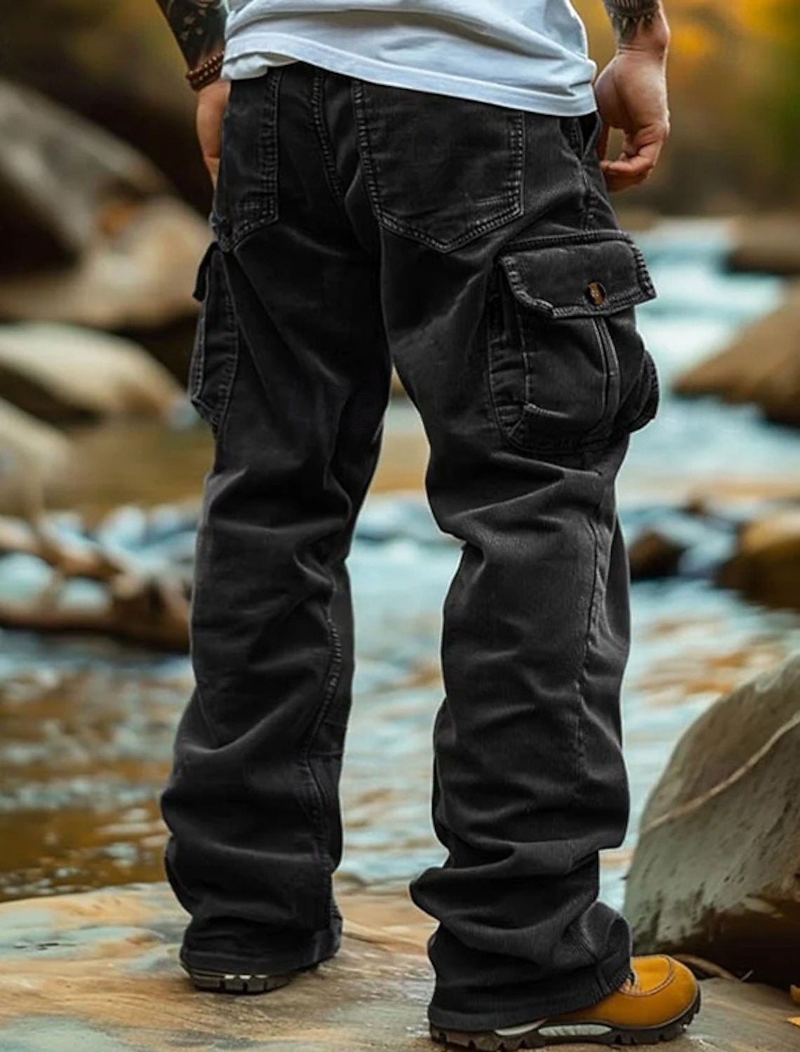 Men's Cargo Pants Corduroy Trousers Baggy Casual Elastic Waist Multi