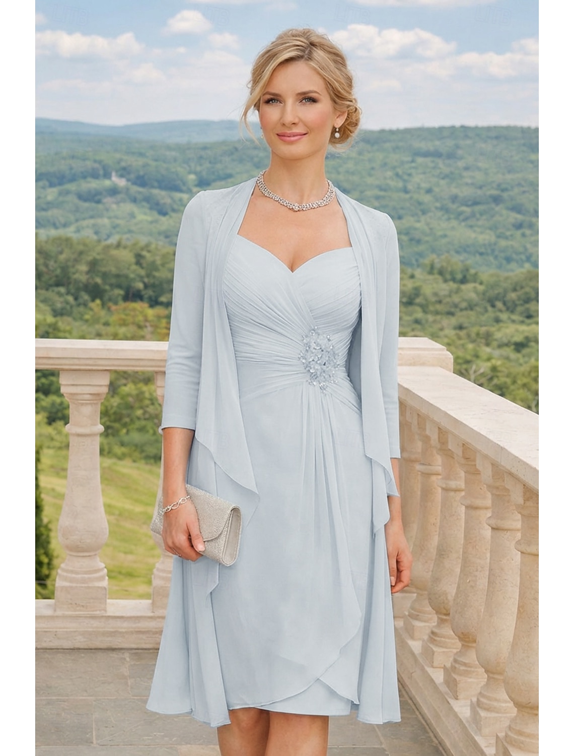 Two Piece A-Line Knee Length Wedding Guest Dress Mother of the Bride Dress Sleeveless Scoop Neck Elegant Wedding Guest Wedding Party Chiffon Lace Jacket Dresses with Pleats Appliques