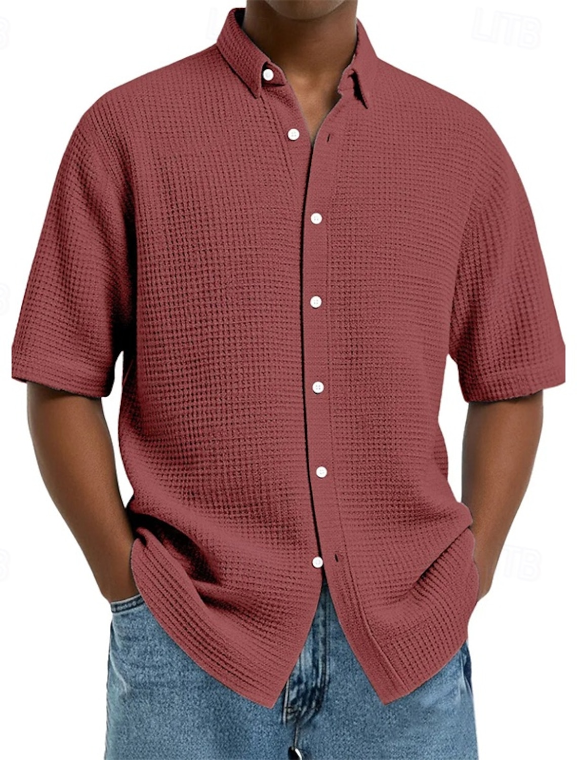 Men's Shirt Waffle Texture Casual Button Up Black White Wine Navy B #1