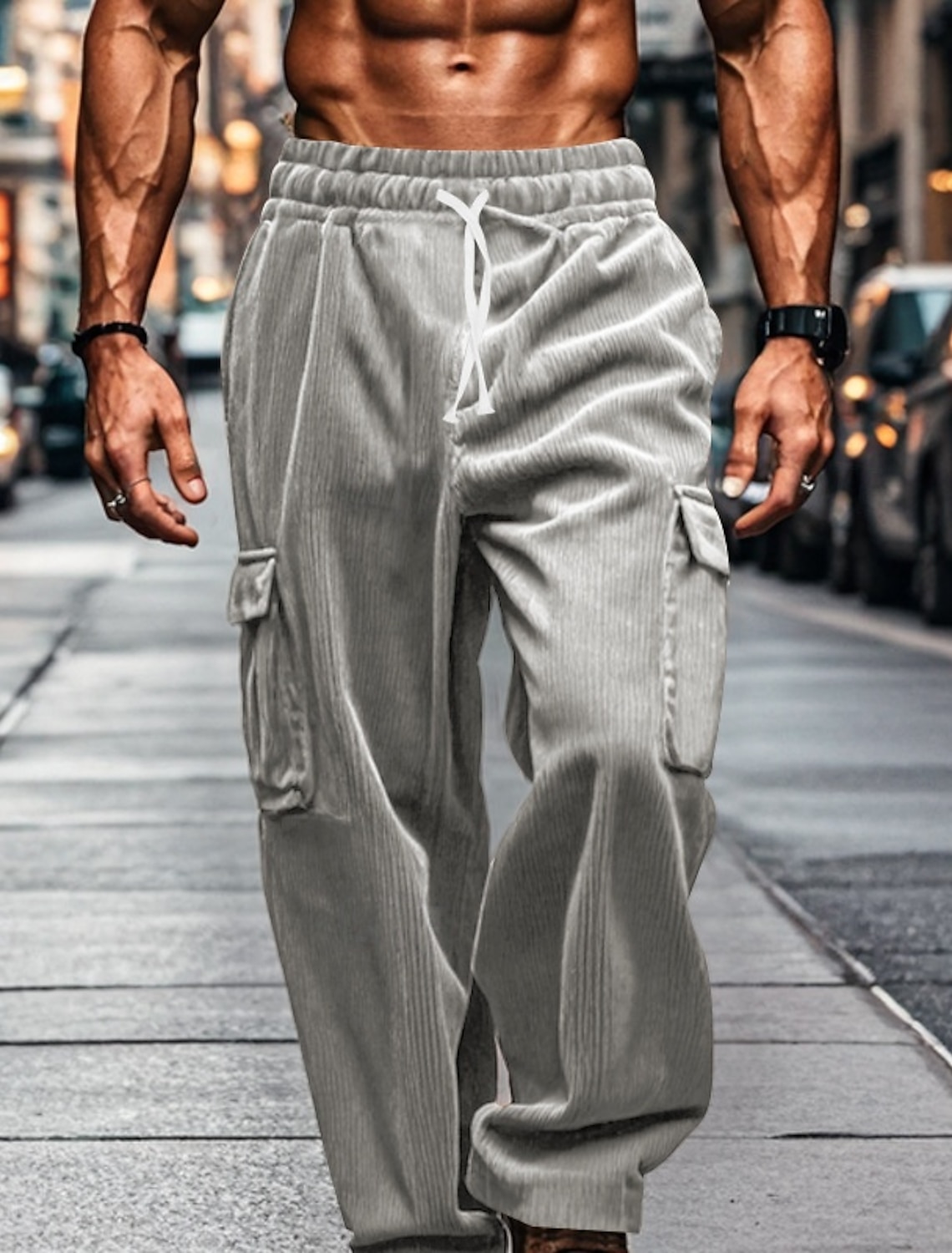 Men's Cargo Pants Corduroy Trousers Baggy Casual Drawstring Elastic