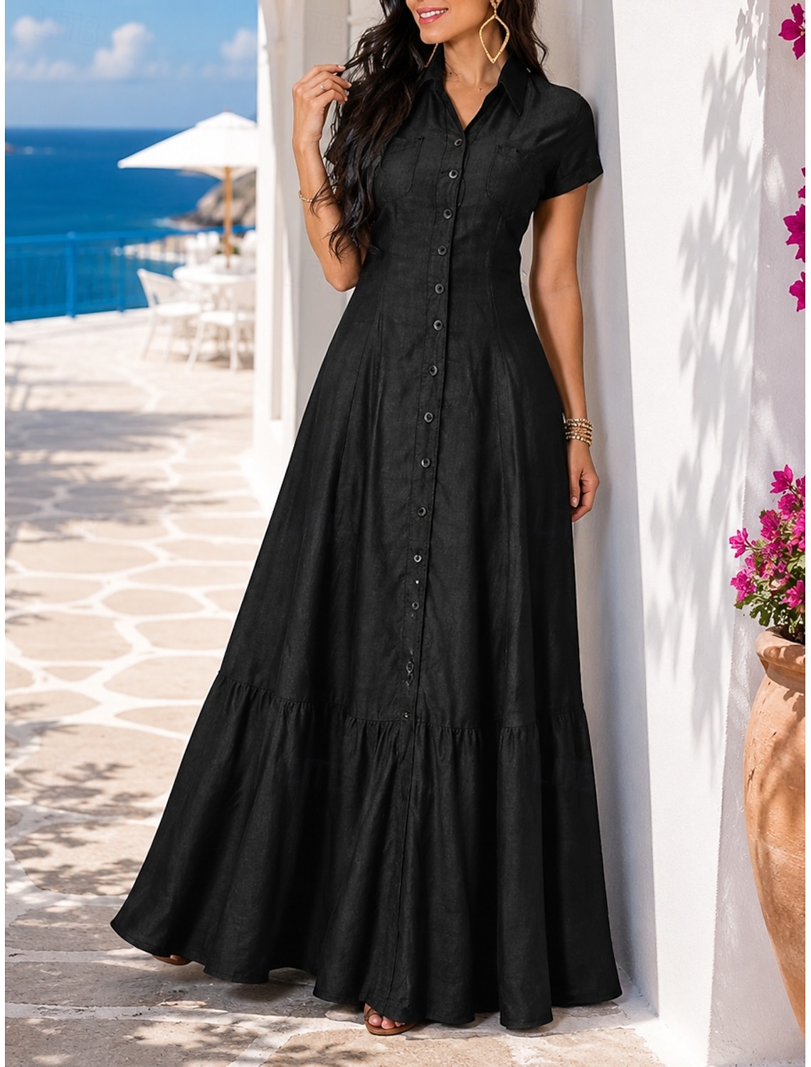 Women's Maxi Dress Sundress Vintage Vacation Regular Fit Pure Color Short Sleeve Shirt Collar Blue Light Blue Black Spring