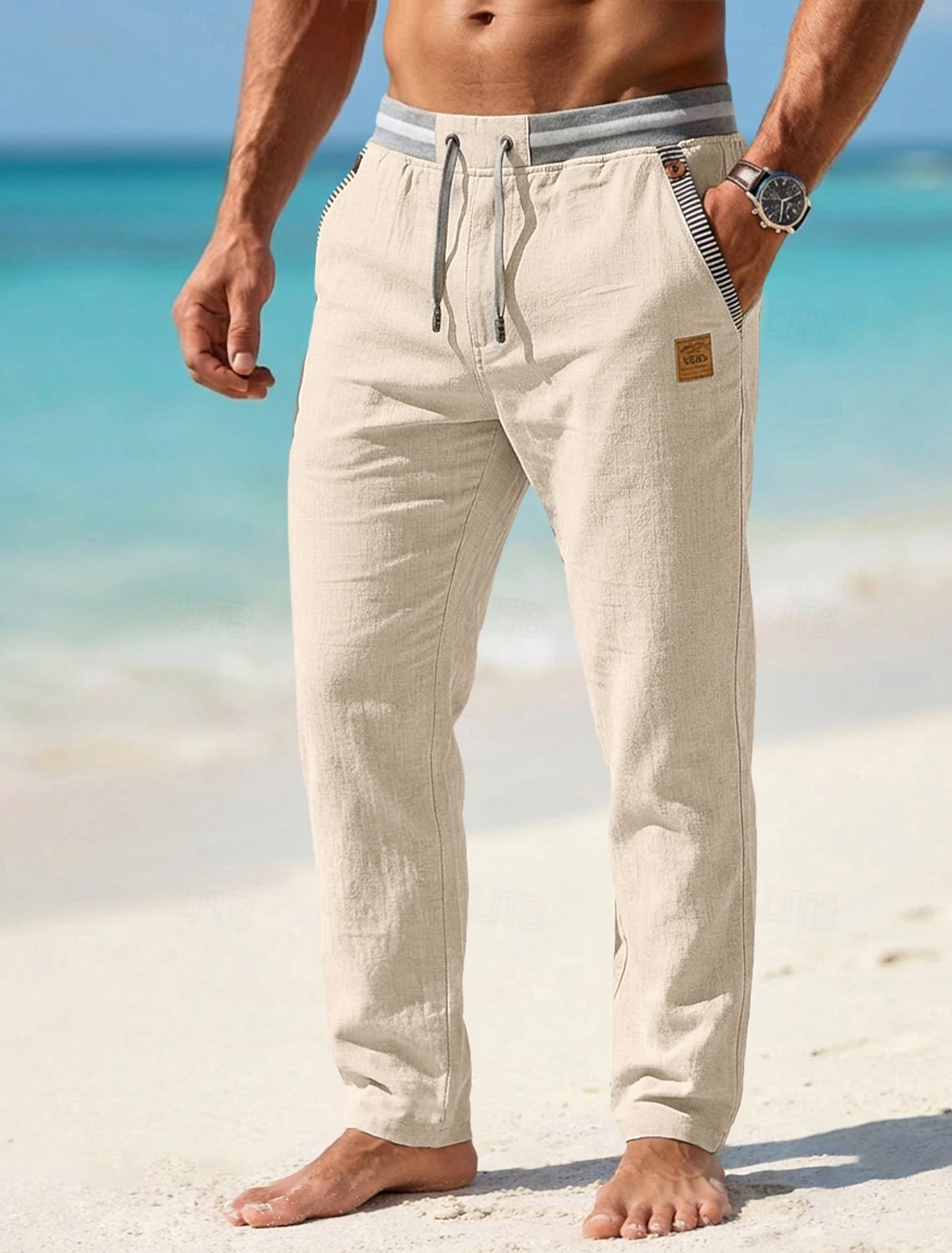 Men's Linen Pants Summer Pants Drawstring Elastic Waist Straight Leg Plain Comfort Breathable Full Length Casual Daily Beach Vacation Fashion Blue Black Inelastic