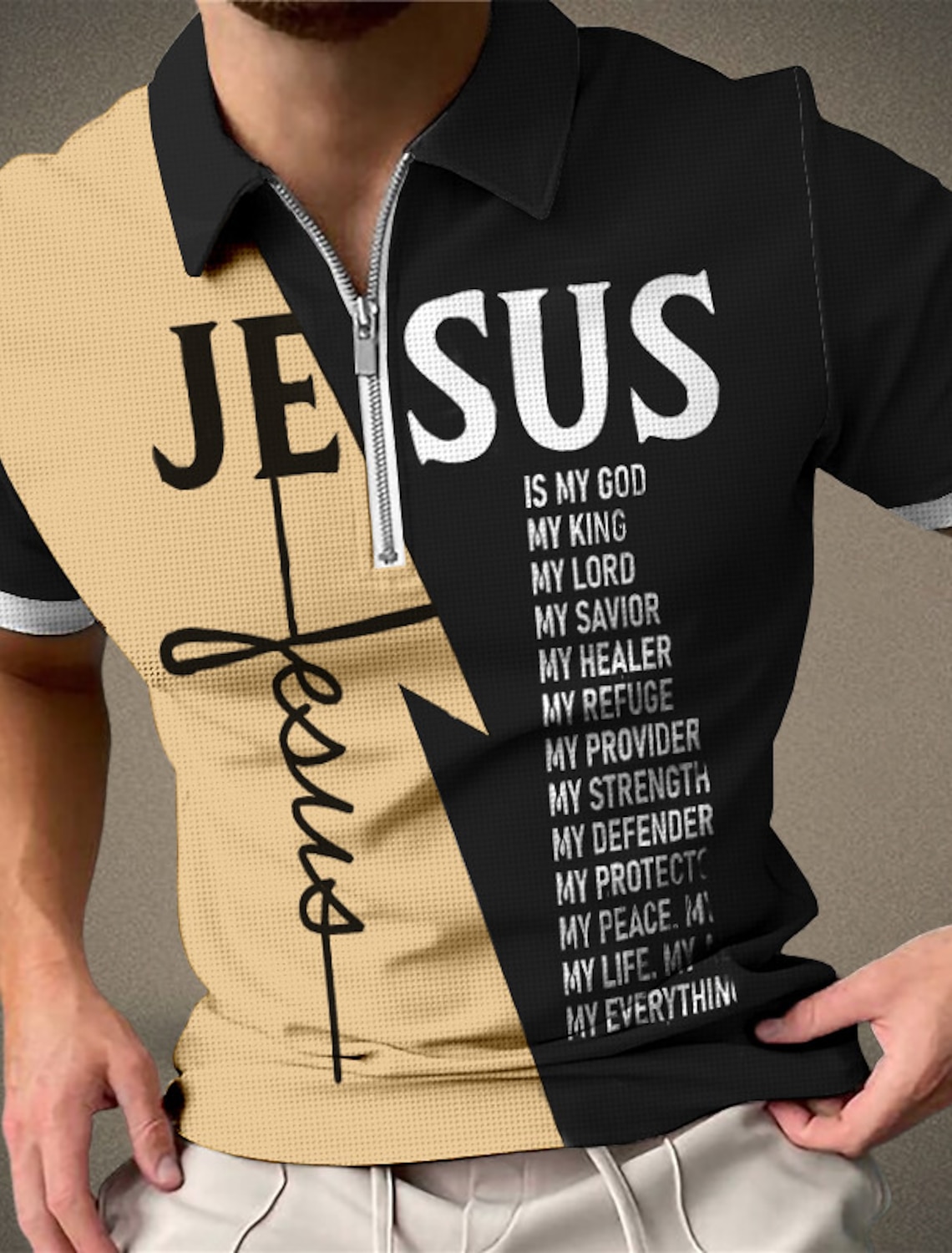 Men's Graphic Prints Waffle Polo Shirts Zip Short Sleeves Turndown