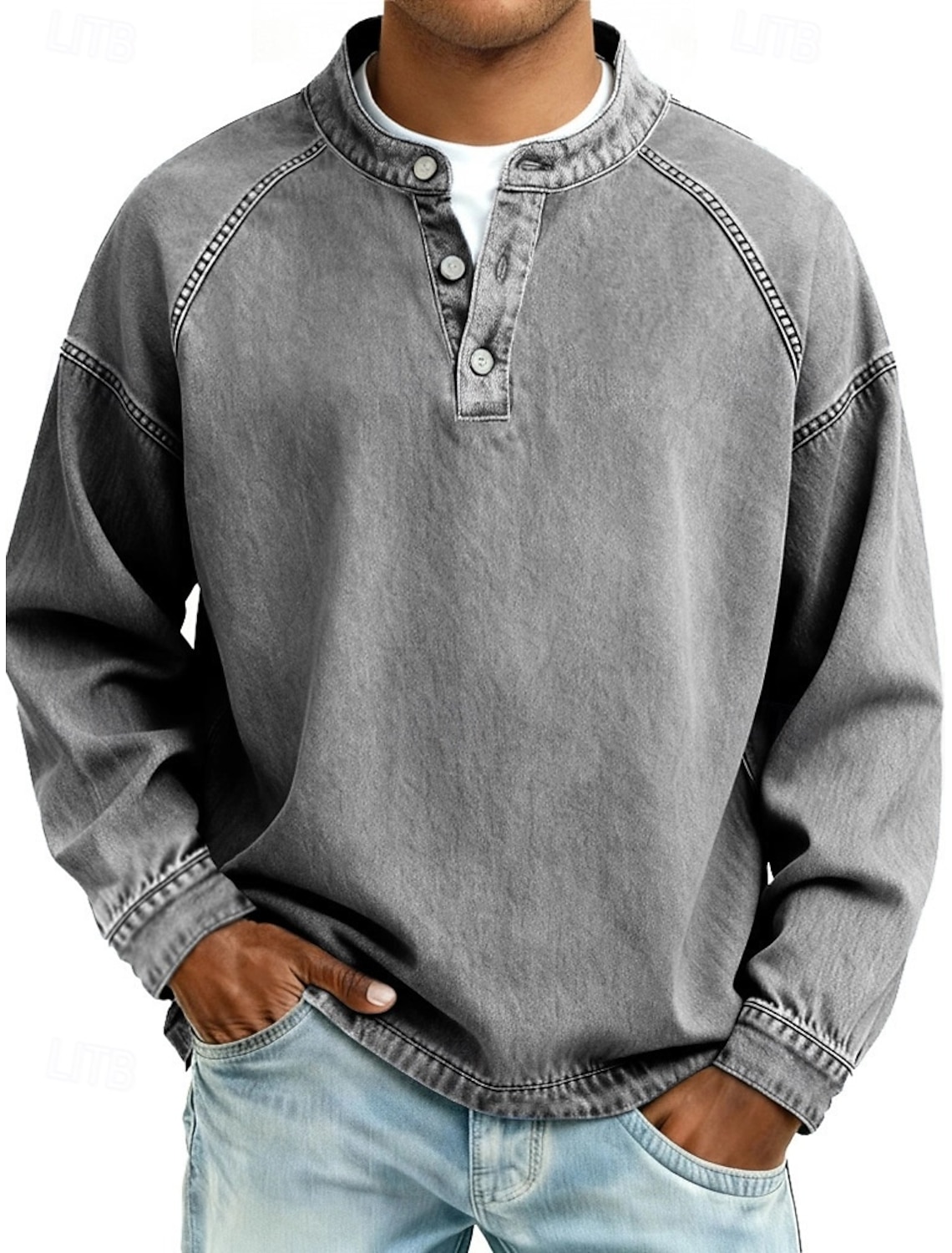 Men's T Shirt Henley Shirt 100% Cotton Acid Wash Shirt Tee Top Long Sleeve Plain Vintage Streetwear Casual Washed Raglan Sleeves Stand Collar Henley Casual Home Street Spring Fall Fall & Winter Black