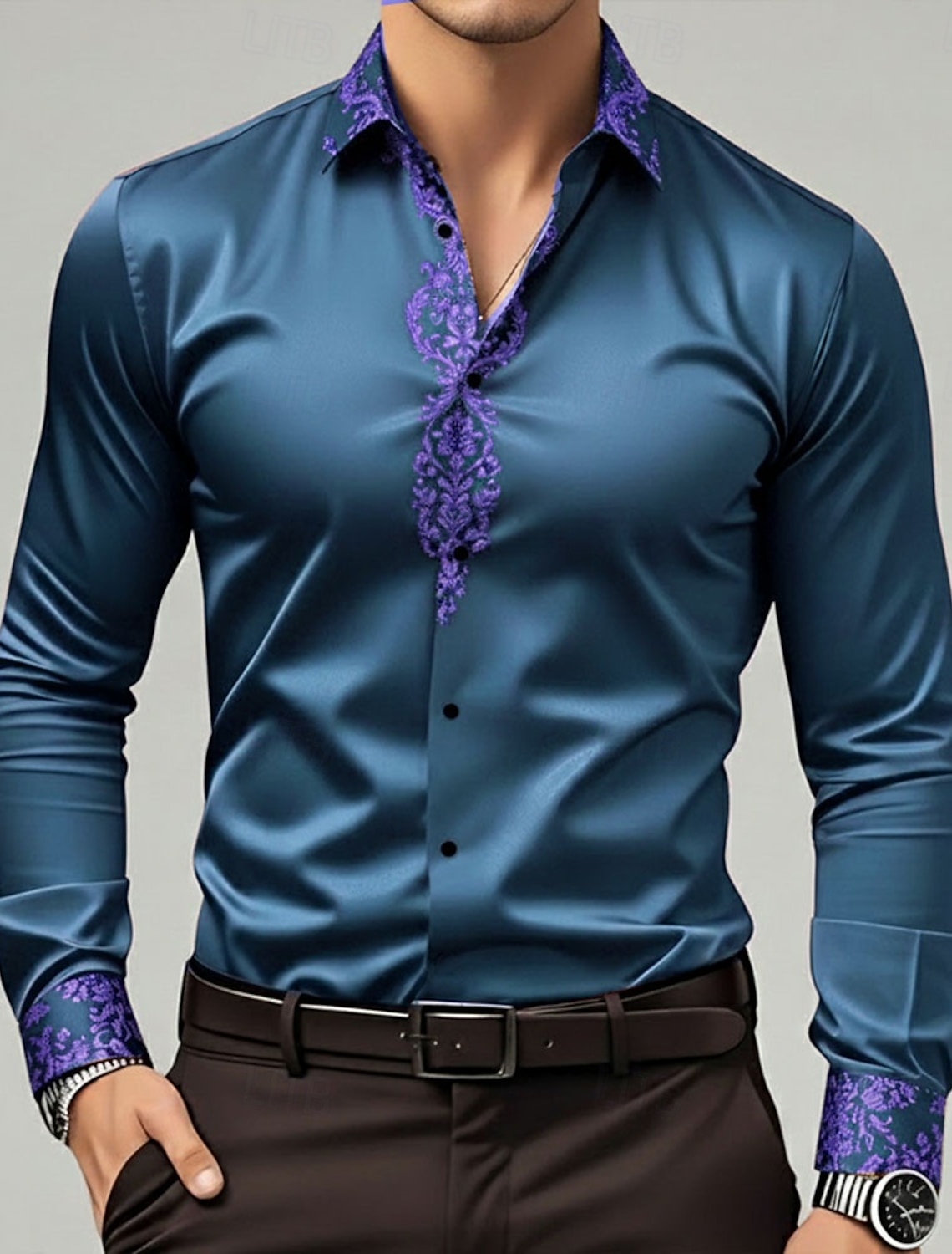 Men's Floral Print Ethnic Flowers Shirt Satin Dress Long Sleeve