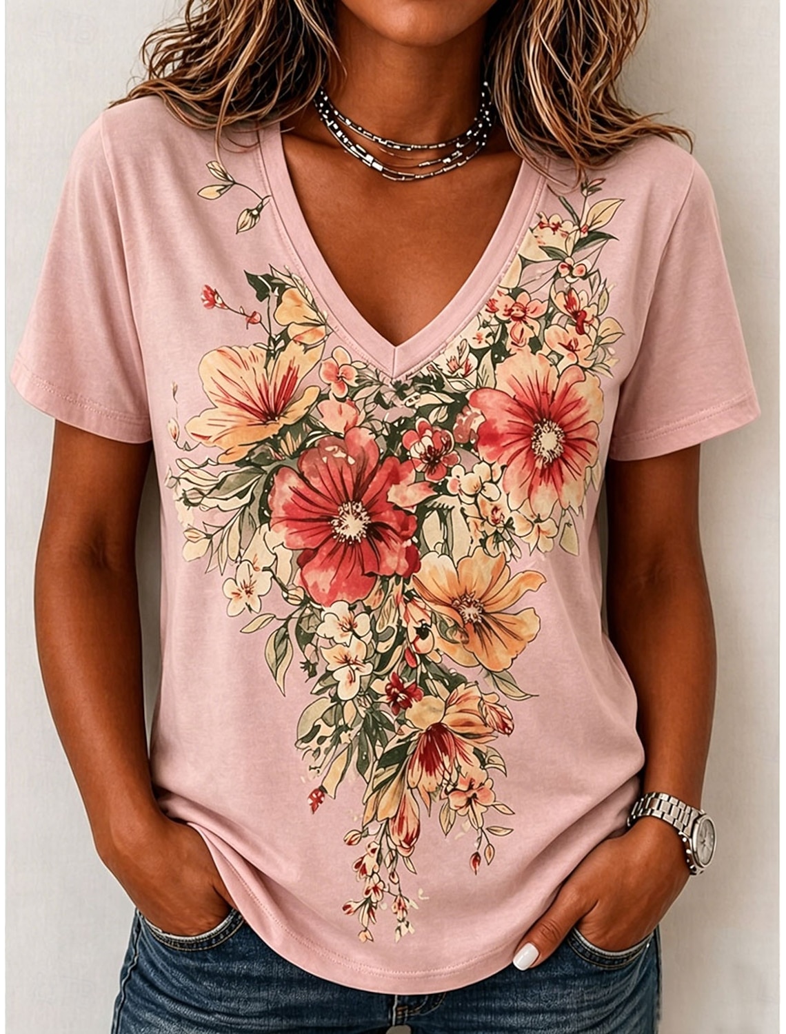Women's T Shirt Print Floral Graphic Stylish Classic Casual Short Sleeve V Neck Regular Tops Casual Daily Blue Pink Purple Green Beige Summer Spring