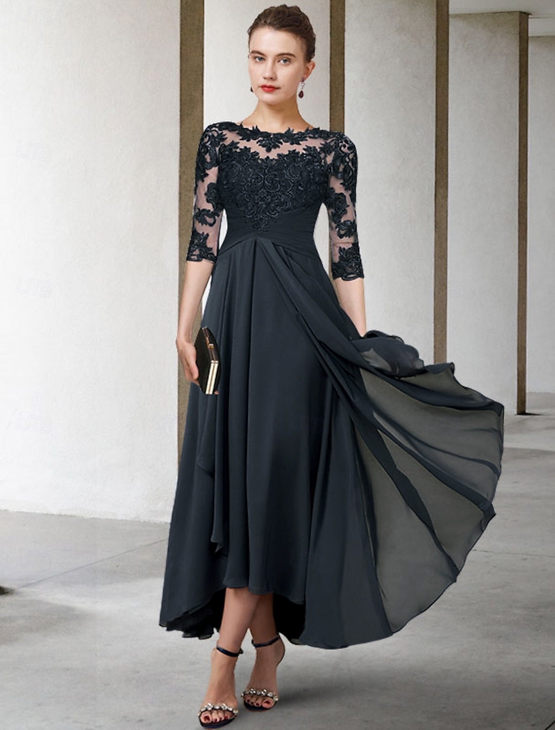 A-Line Asymmetrical Tea Length Party Dress Cocktail Dress Wedding Guest Dress Mother of the Bride Dress Half Sleeve Jewel Neck Elegant Plus Size High Low Wedding Guest Wedding Party Chiffon Lace with