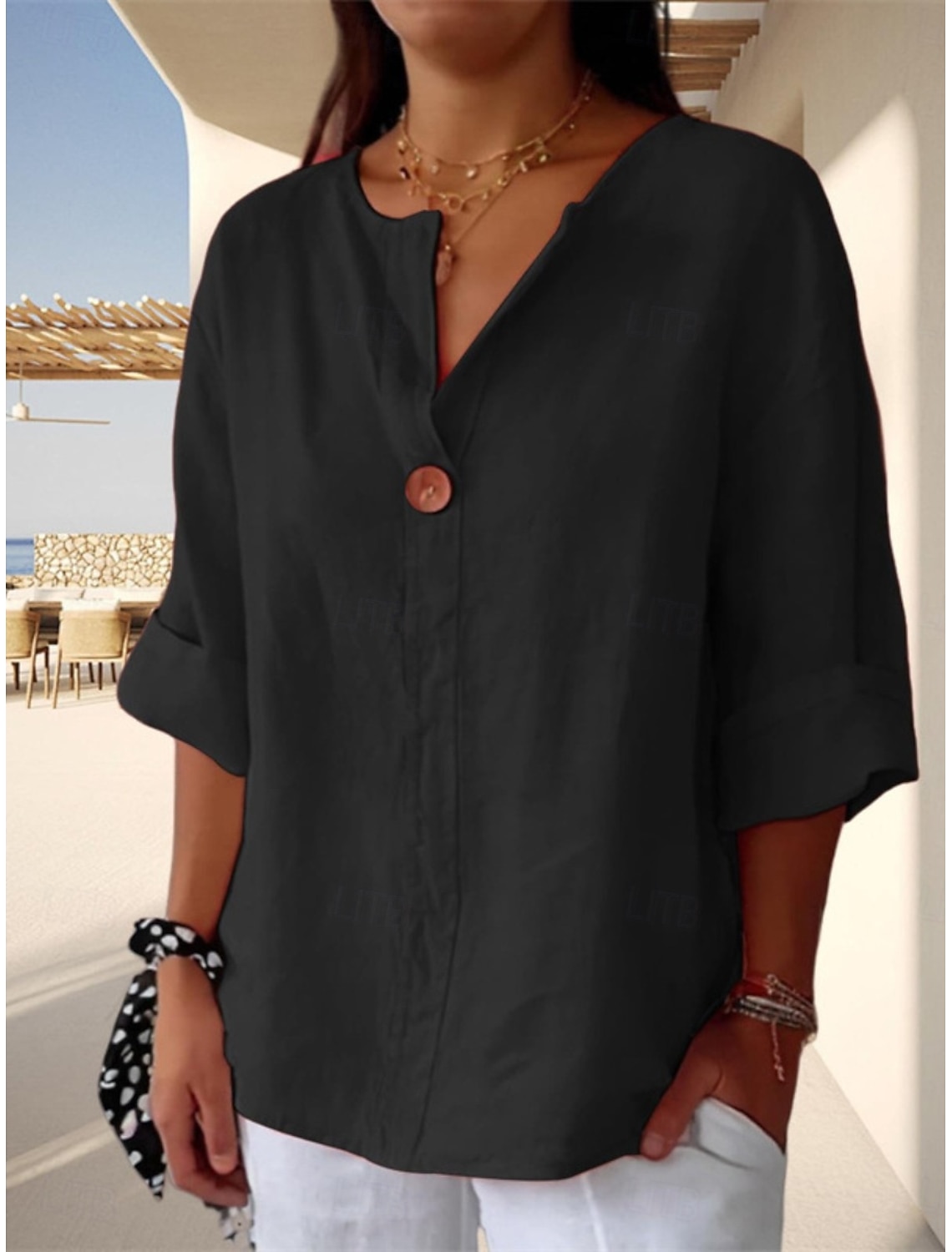 Women's Shirt Linen-feel Shirts Blouse Buttons Plain Stylish 3/4 Length Sleeve V Neck Regular Tops Daily Holiday Going out Black Army Green Red Navy Blue Light Blue Summer Spring